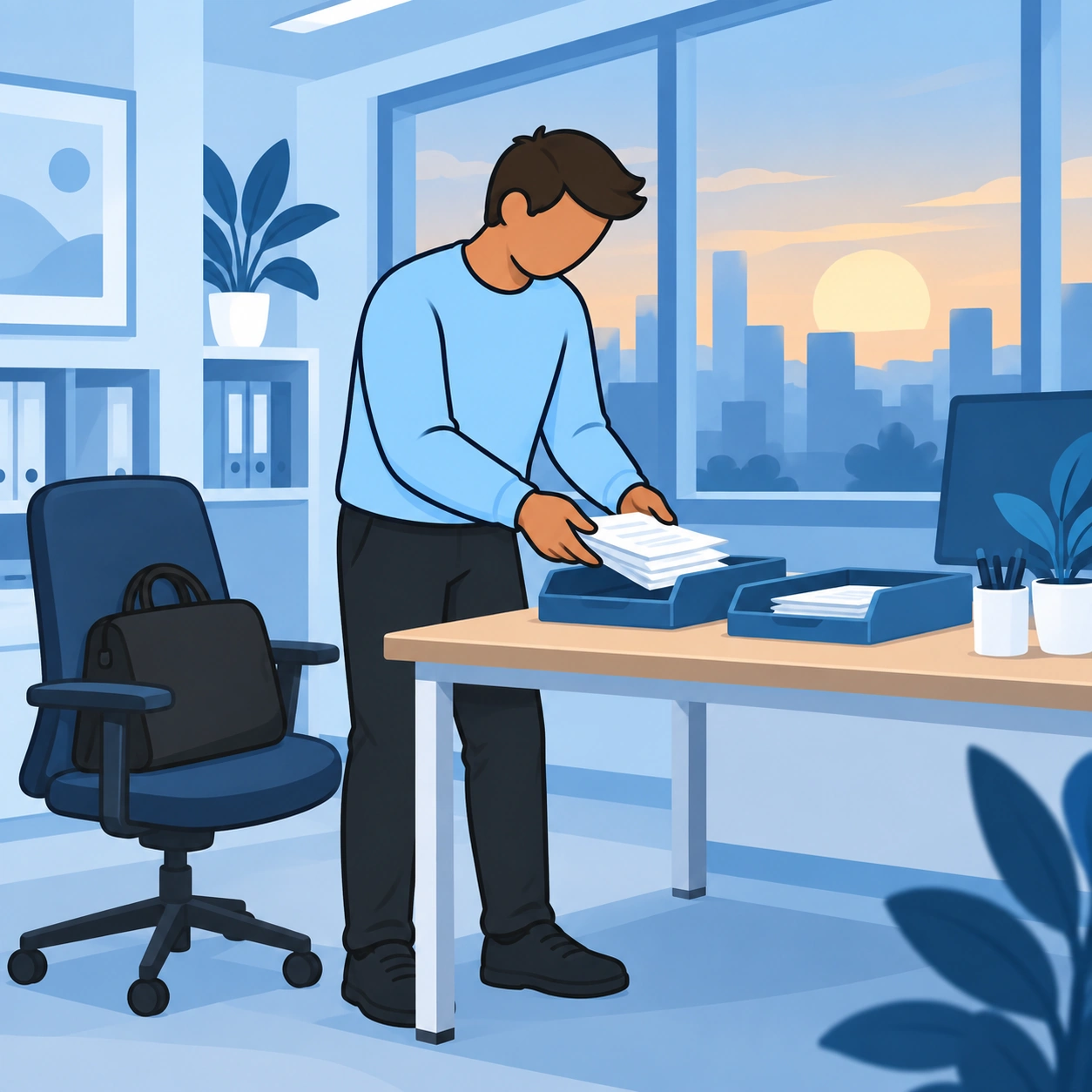 He sorts papers into trays before leaving the office.