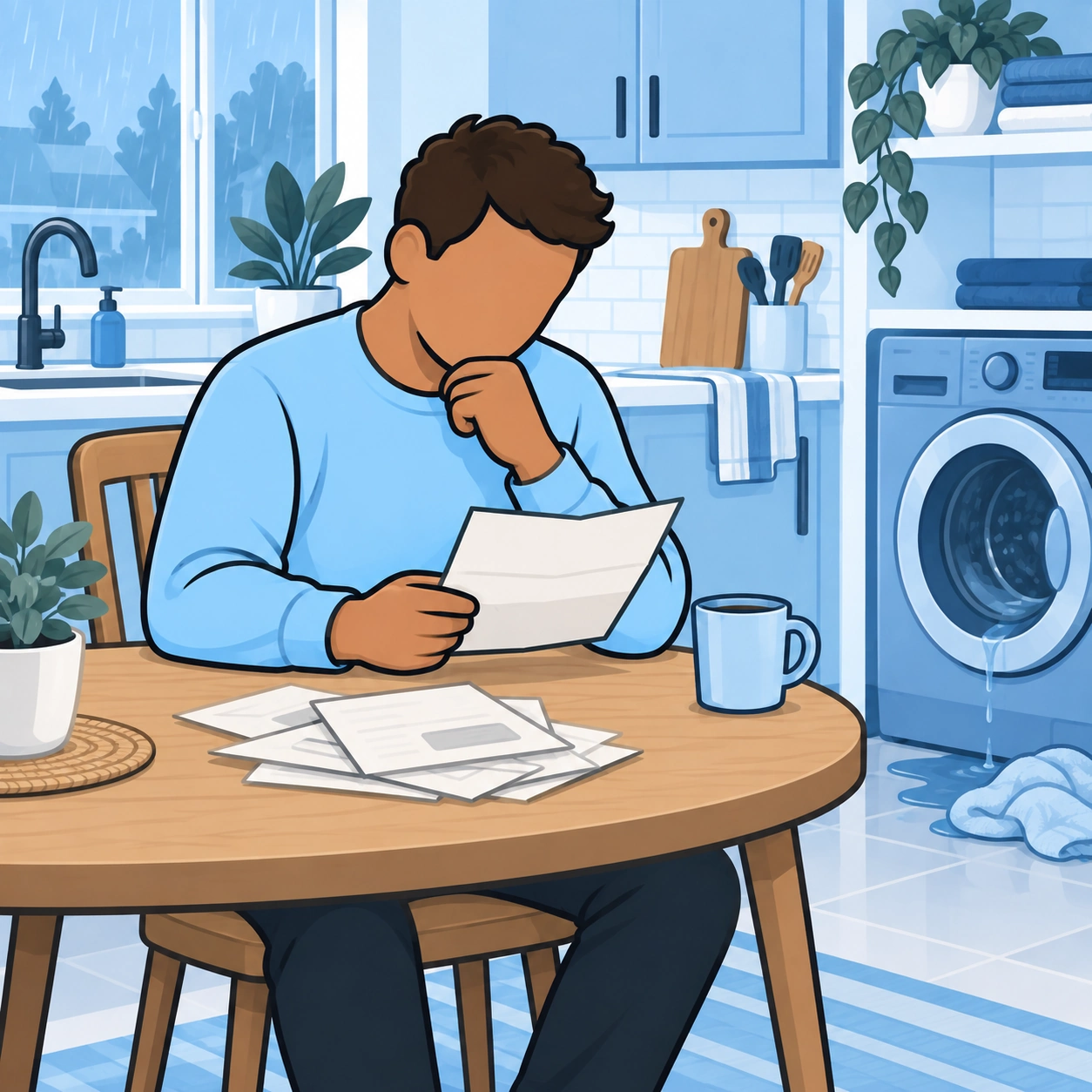 A man opens a bill after an unexpected appliance repair adds to his worries.