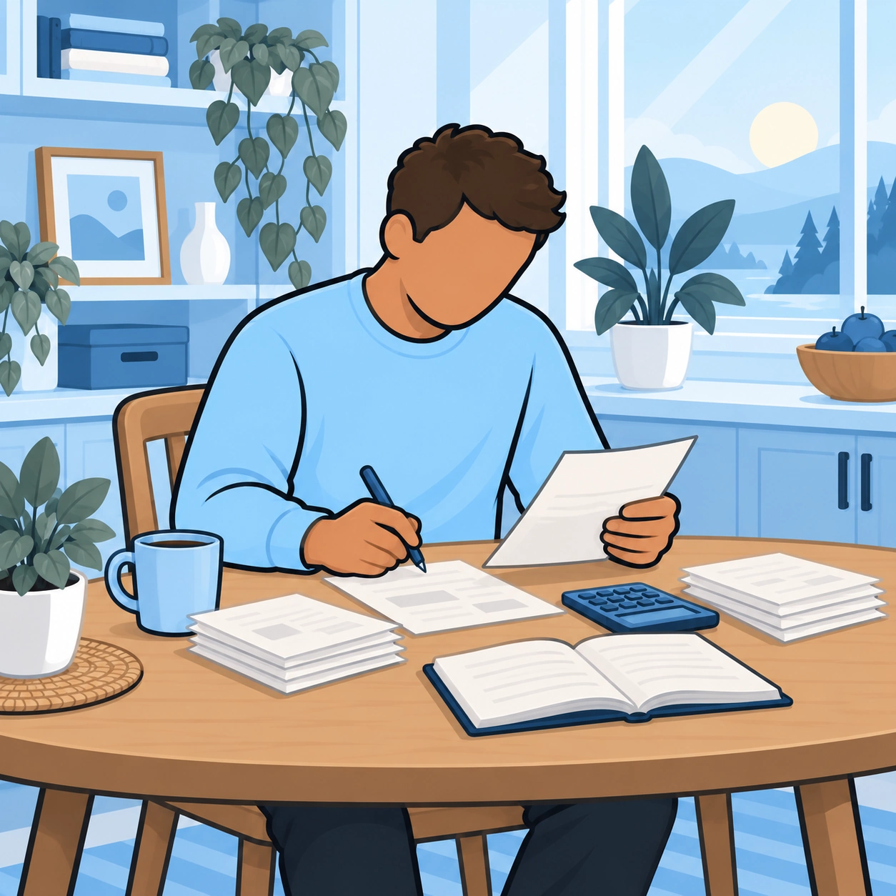 He gathers papers and records the facts at his kitchen table.