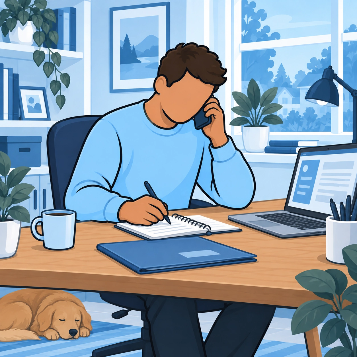 He makes a phone call and takes notes about the available options.