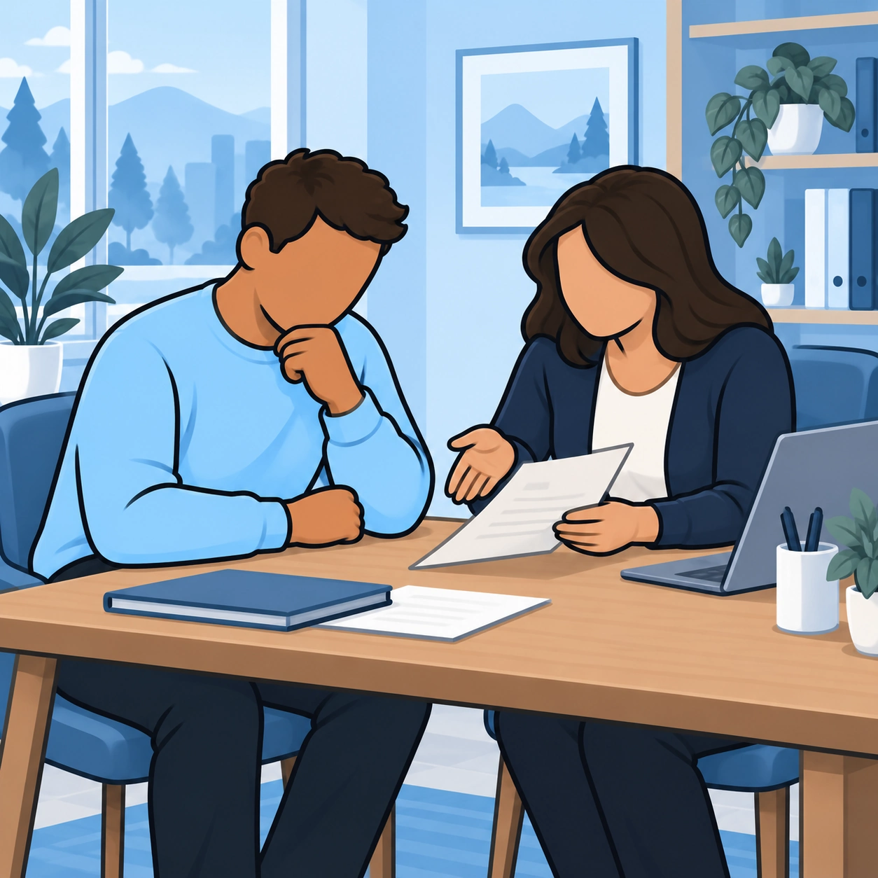 He reviews the situation with a professional adviser.
