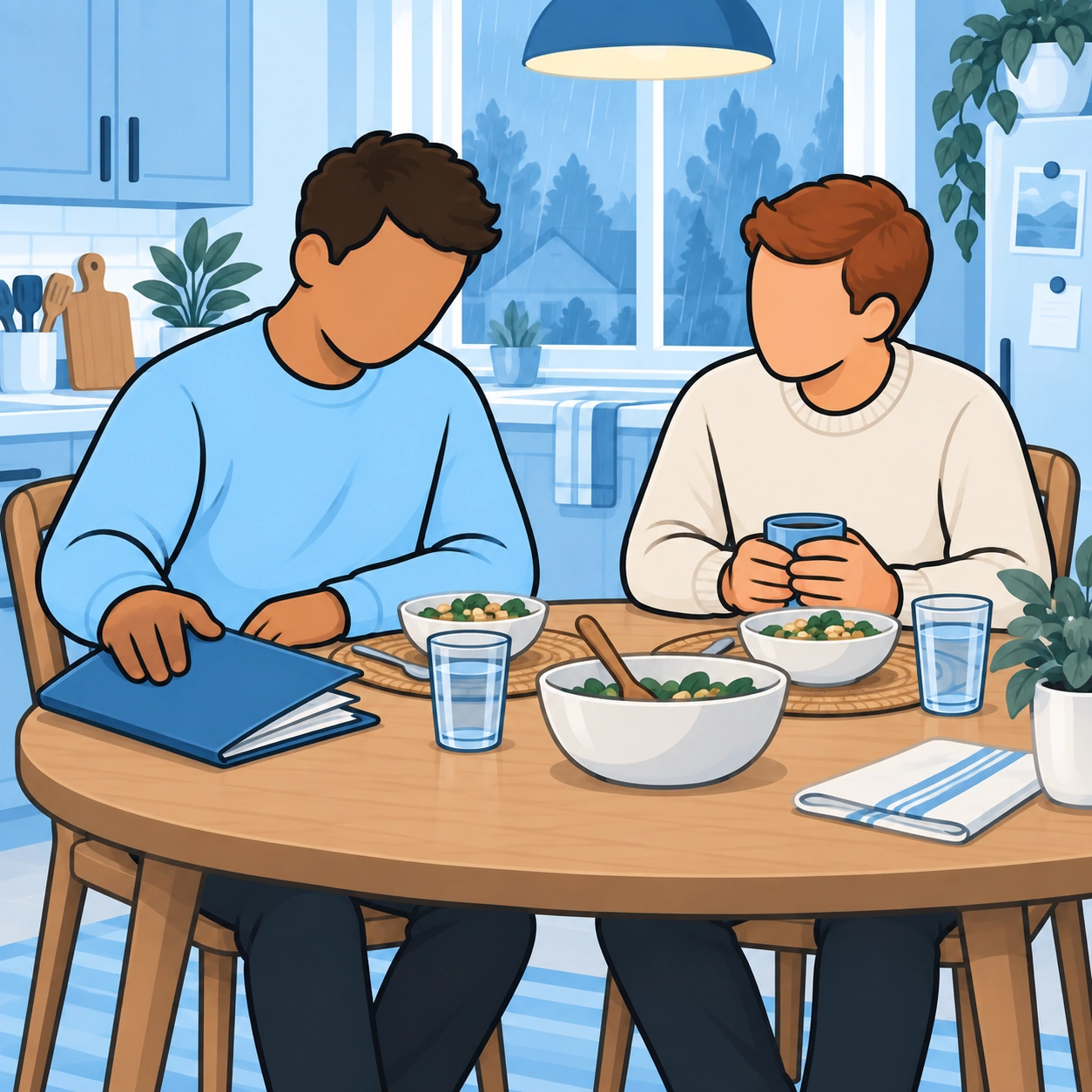 He sets his papers aside and shares a simple meal with a supportive friend.