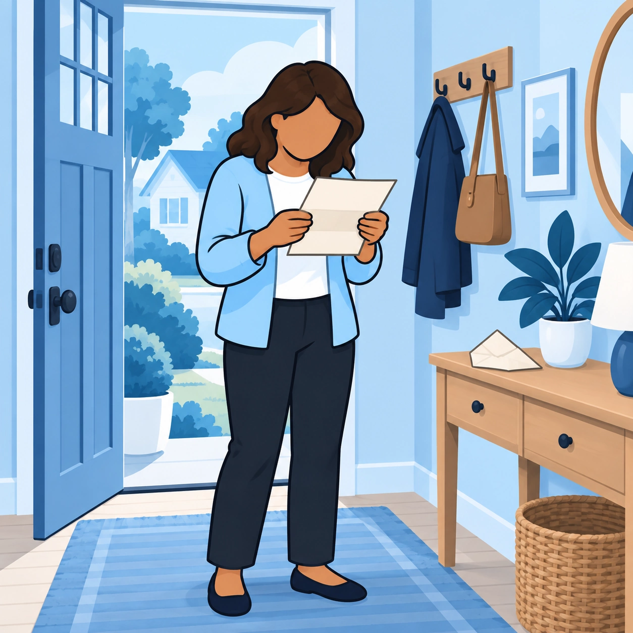 A woman reads an unexpected letter in her doorway with tense shoulders.