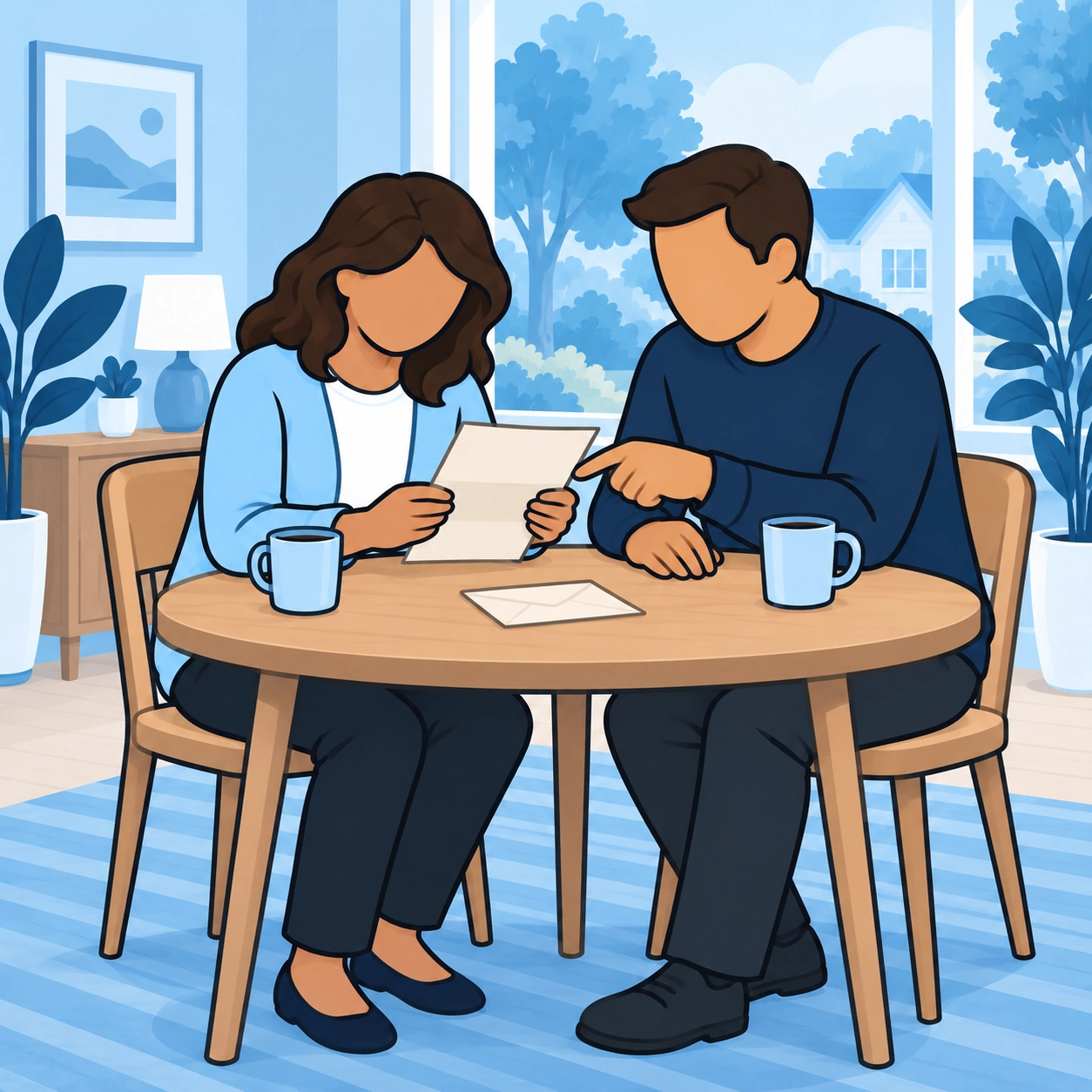 The woman and a man read the letter together at a table.