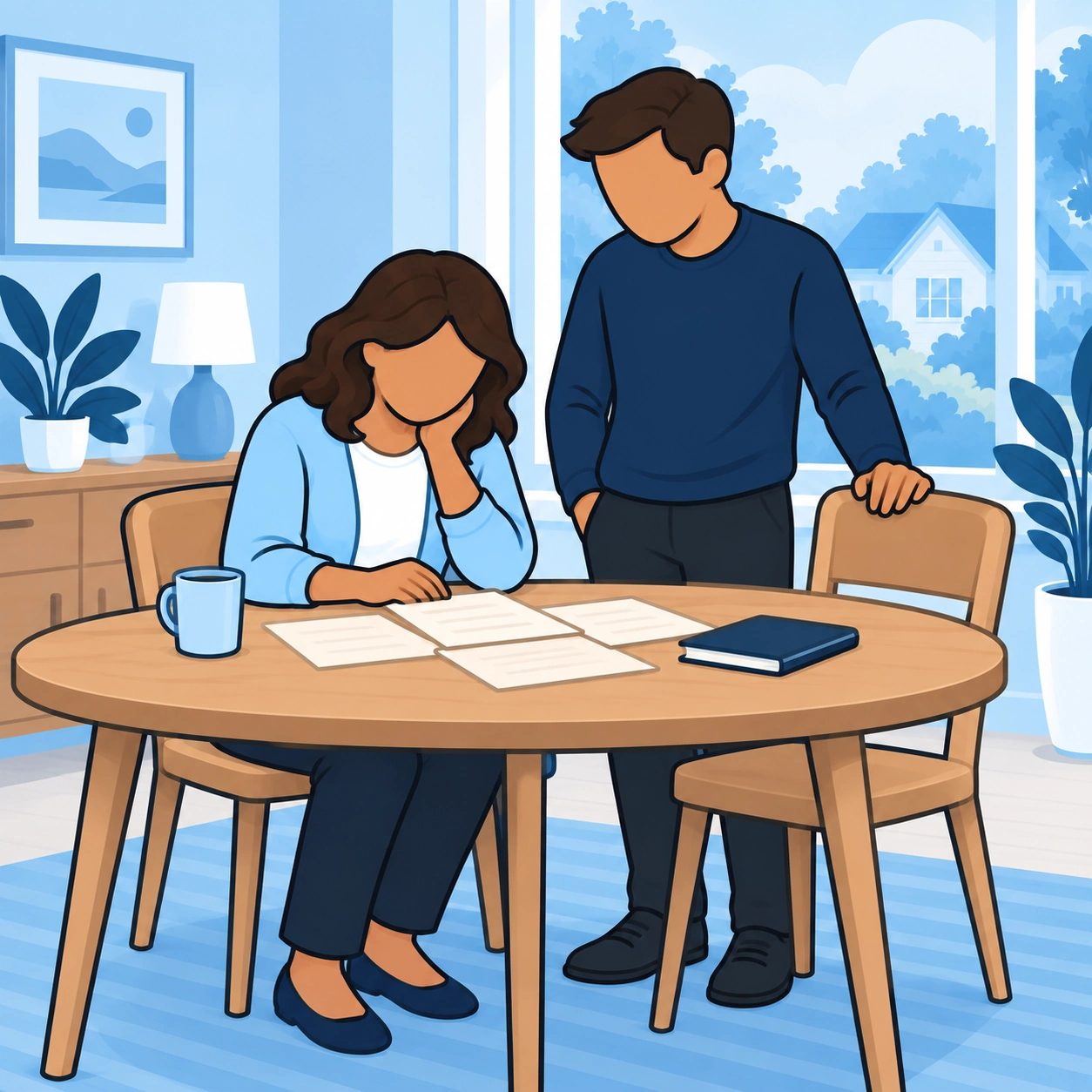 She rests her head on one hand beside several papers while the man waits nearby.