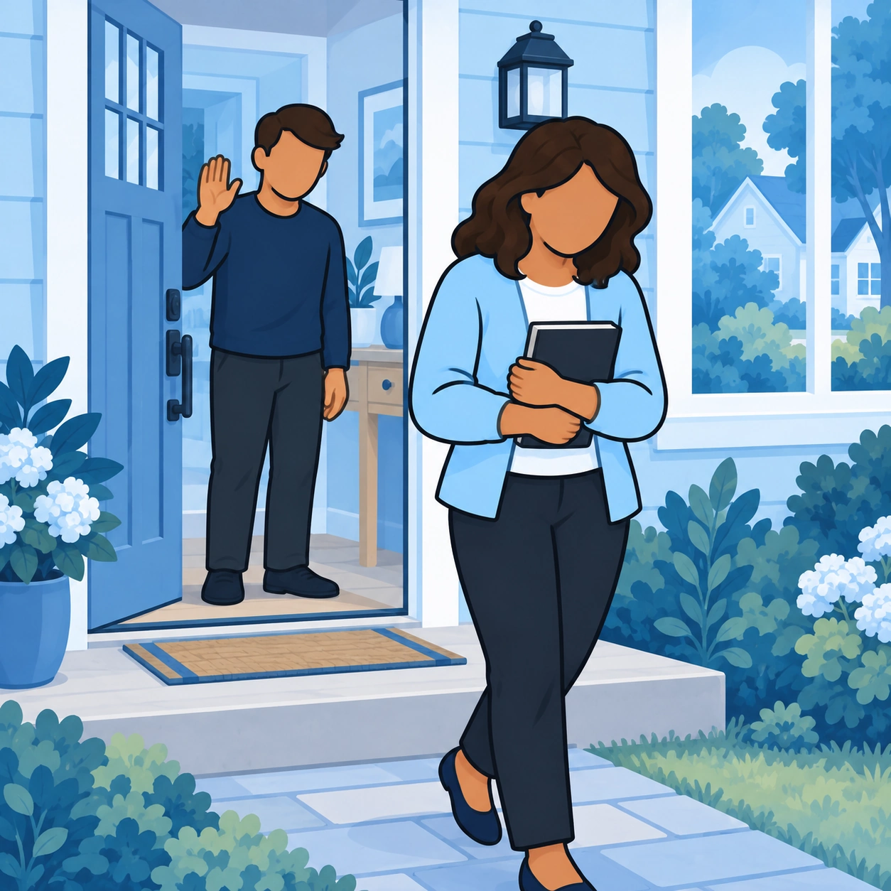She steps outside carrying a notebook while the man waves from the doorway.