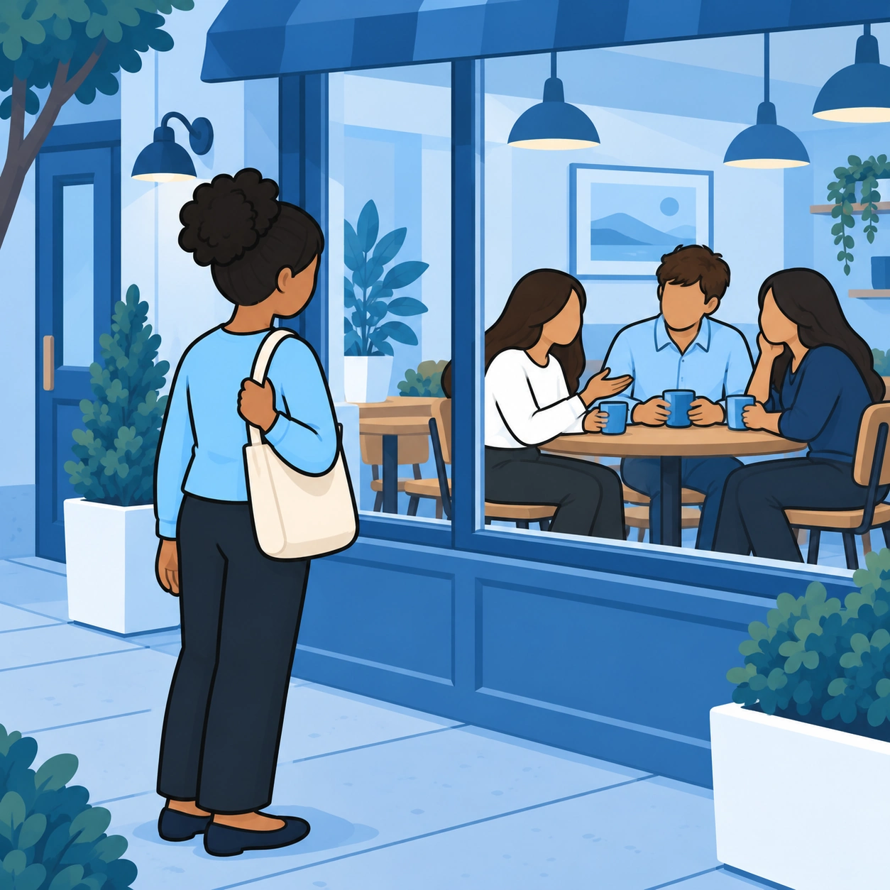 A woman pauses outside a cafe where three friends are gathered.