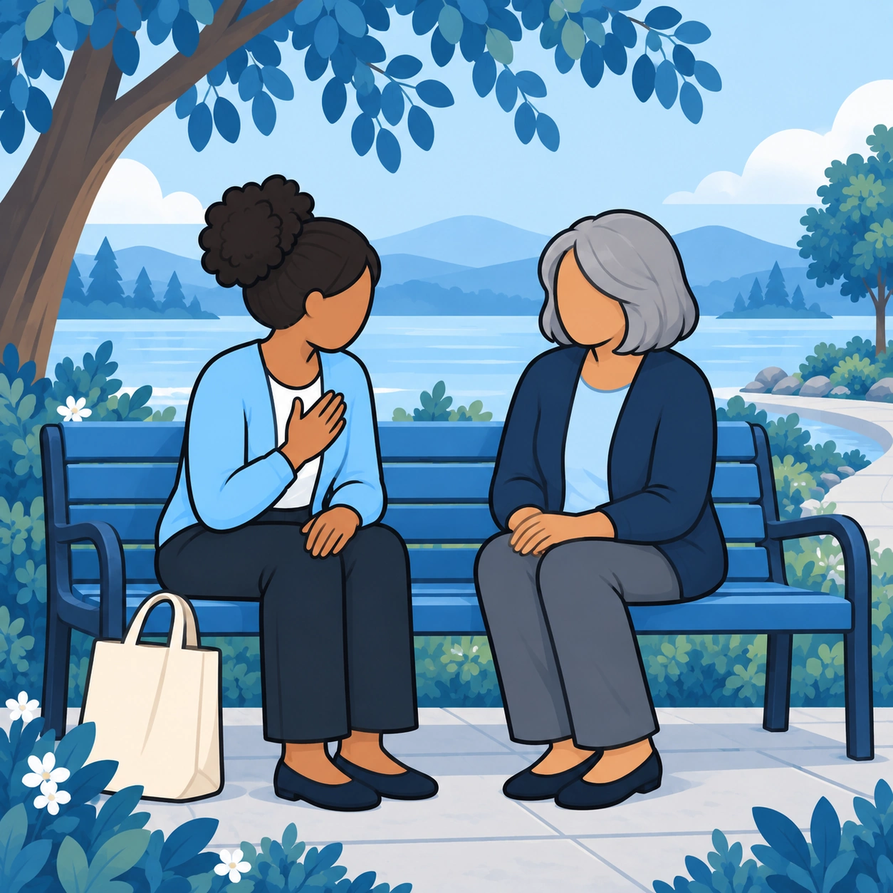A woman shares her hurt with an older friend on a park bench.