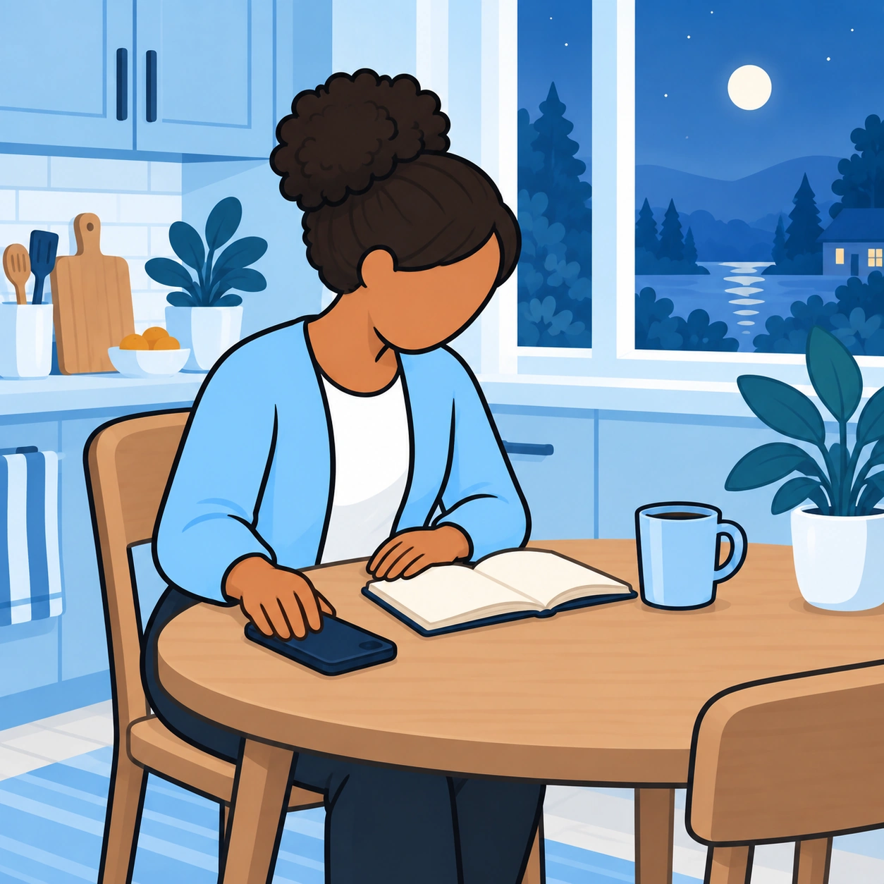 A woman sets her phone face down beside a journal during a quiet evening.