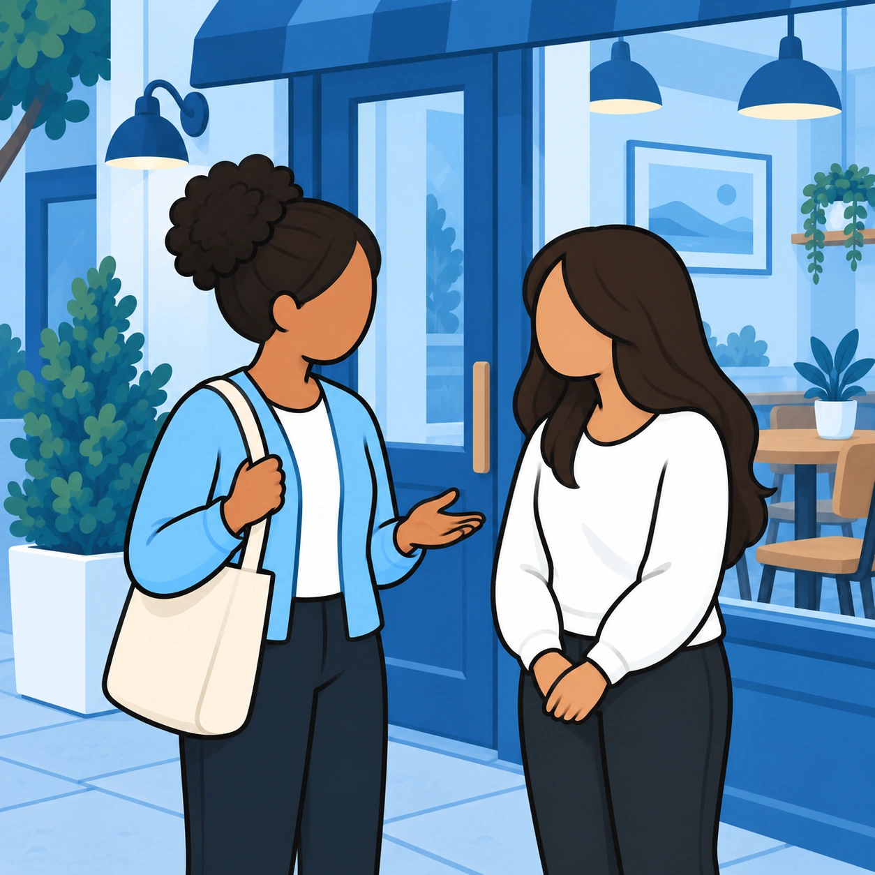 Two women speak privately outside the cafe.