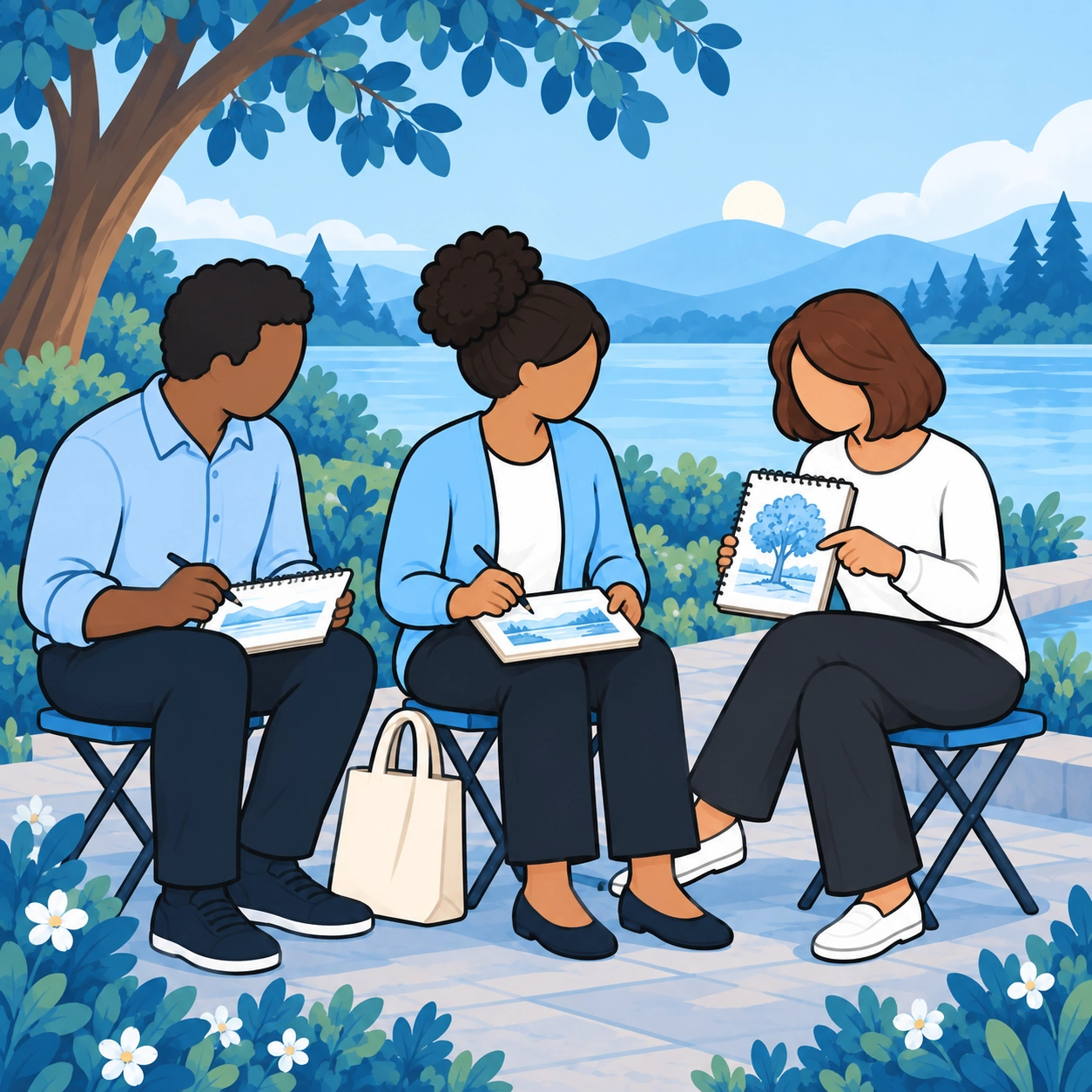 A woman joins two new acquaintances for outdoor sketching.