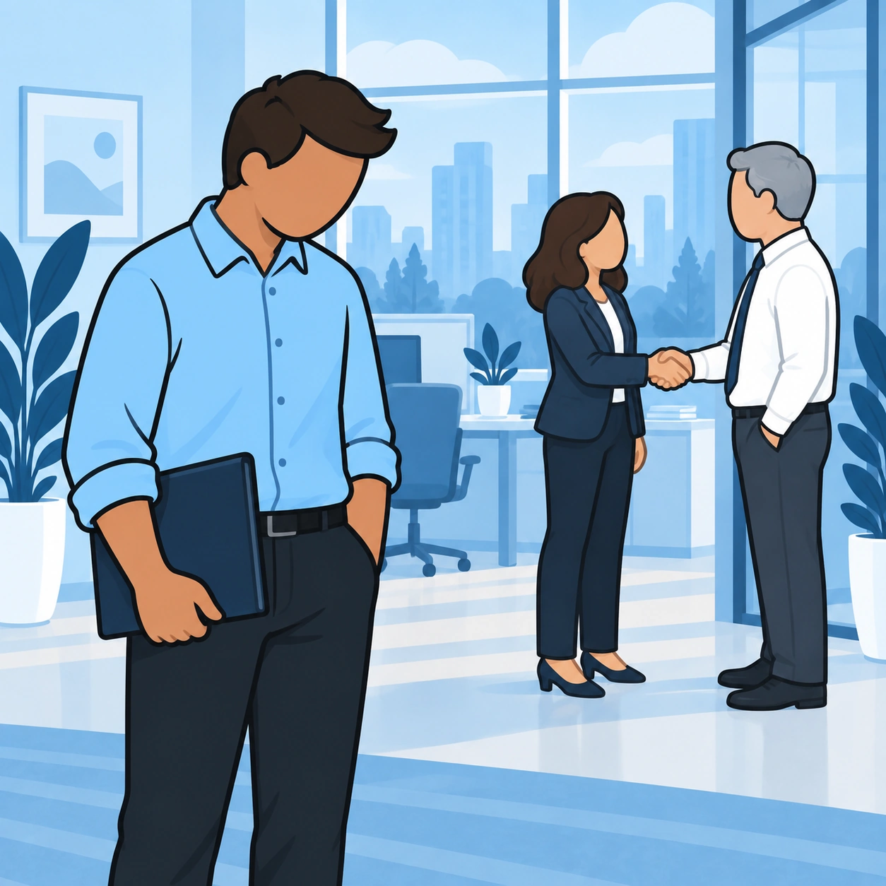 A man stands apart while a coworker receives congratulations.