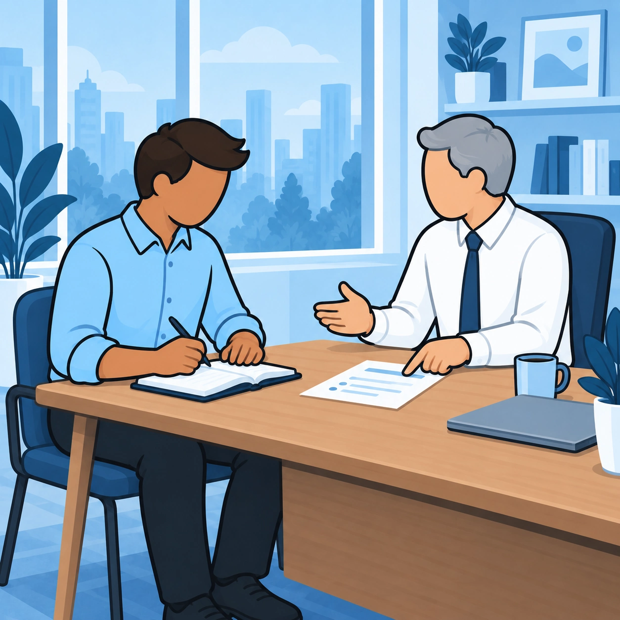 He asks a manager for feedback across a desk.