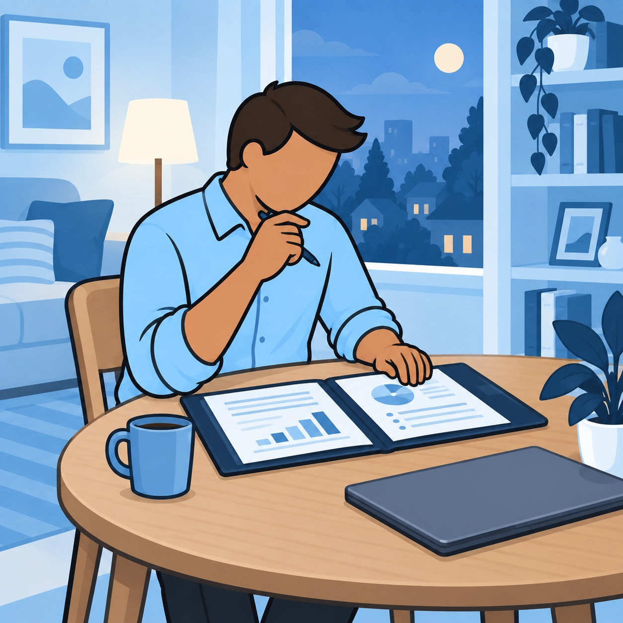 He reviews his portfolio at a table at home.