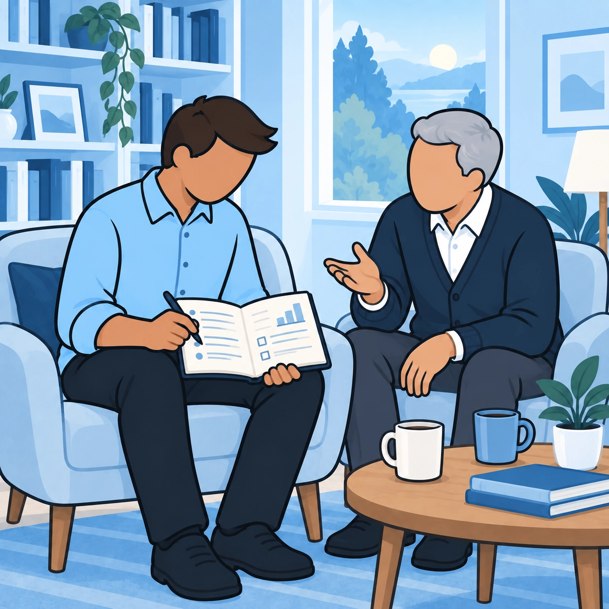 He discusses a development plan with a bespectacled mentor.