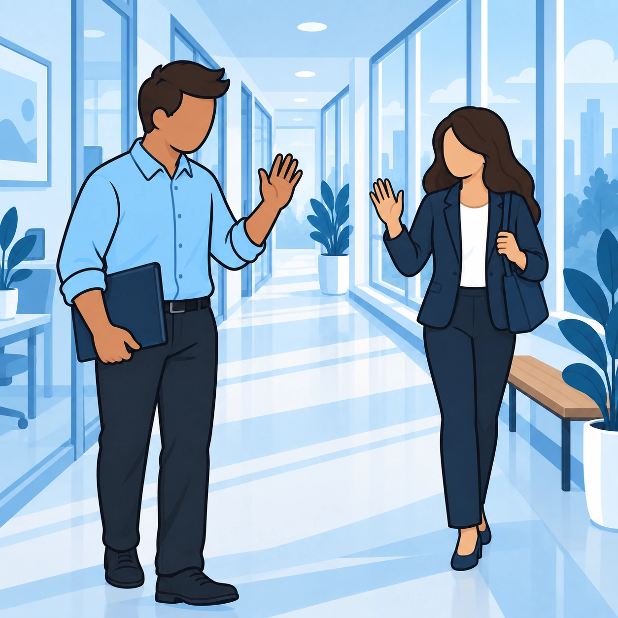 He greets a coworker in the office corridor.