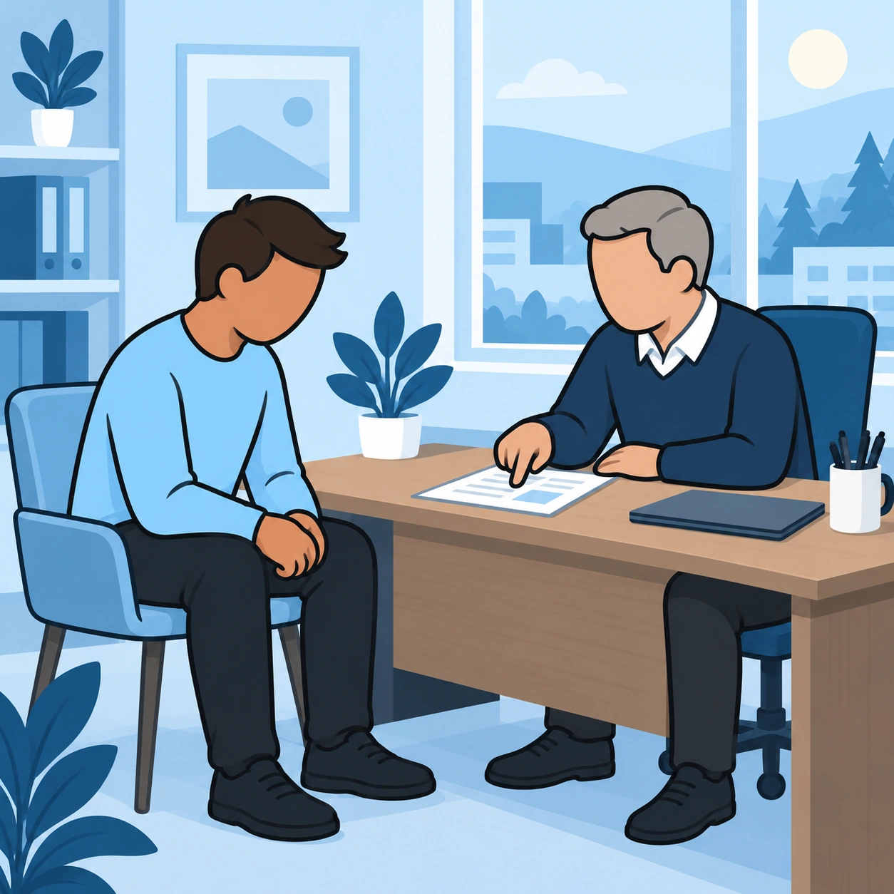 A man receives feedback from an older manager across a desk.