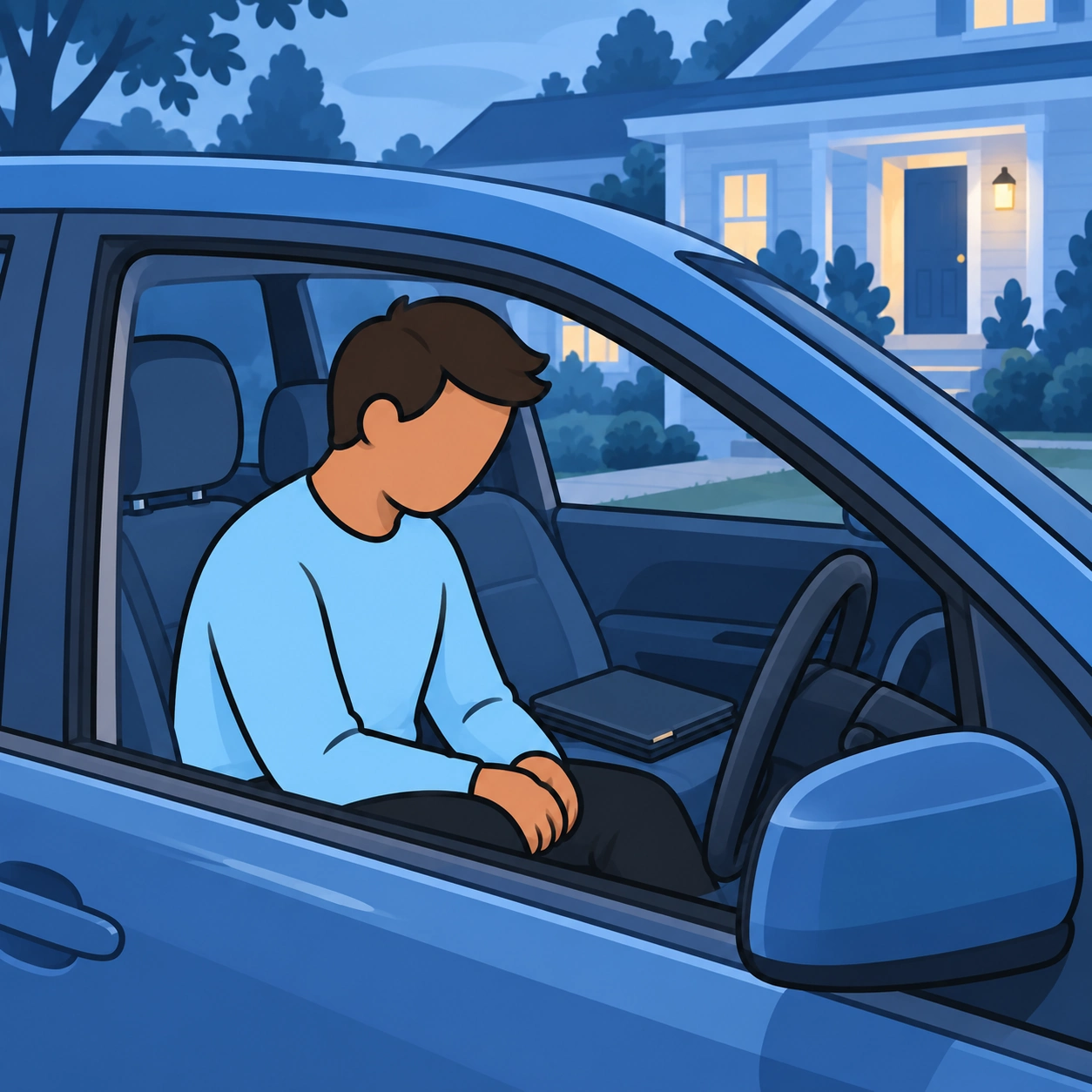 A man pauses quietly in a parked car outside his home, with his work folder closed on the passenger seat.