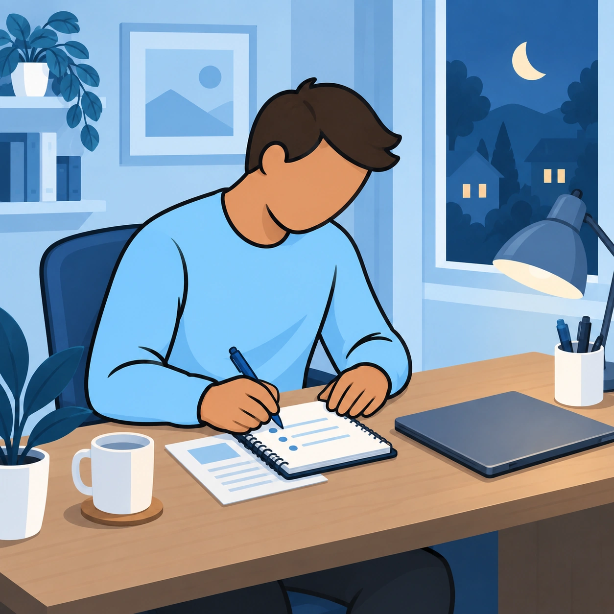 He writes a practical plan beside his laptop.