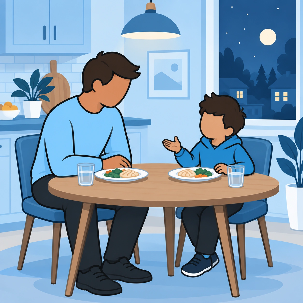 He listens to a child while sharing an evening meal.