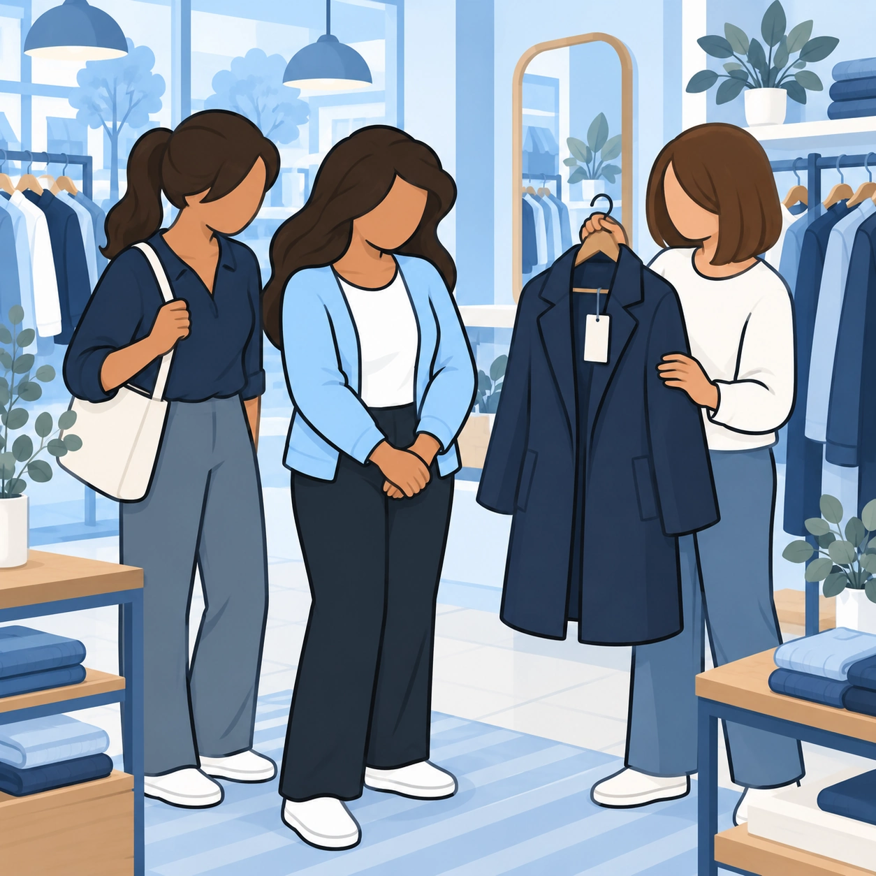 A woman considers a coat while two friends stand with her in a shop.