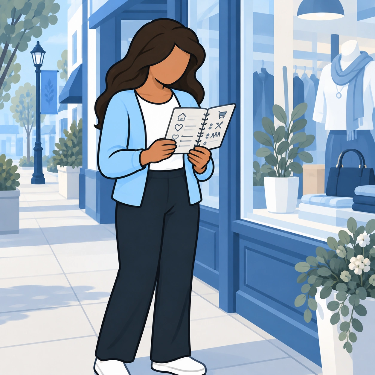 She steps outside to check her priorities in a small notebook.