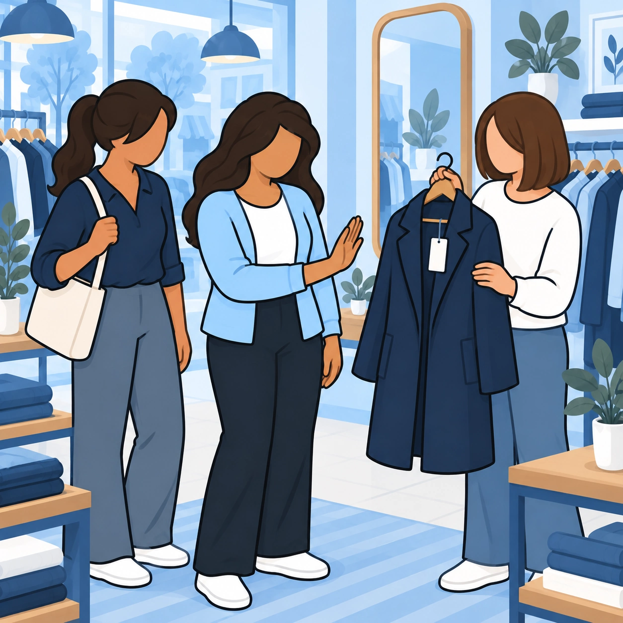 She calmly declines the offered coat with an open-hand gesture.