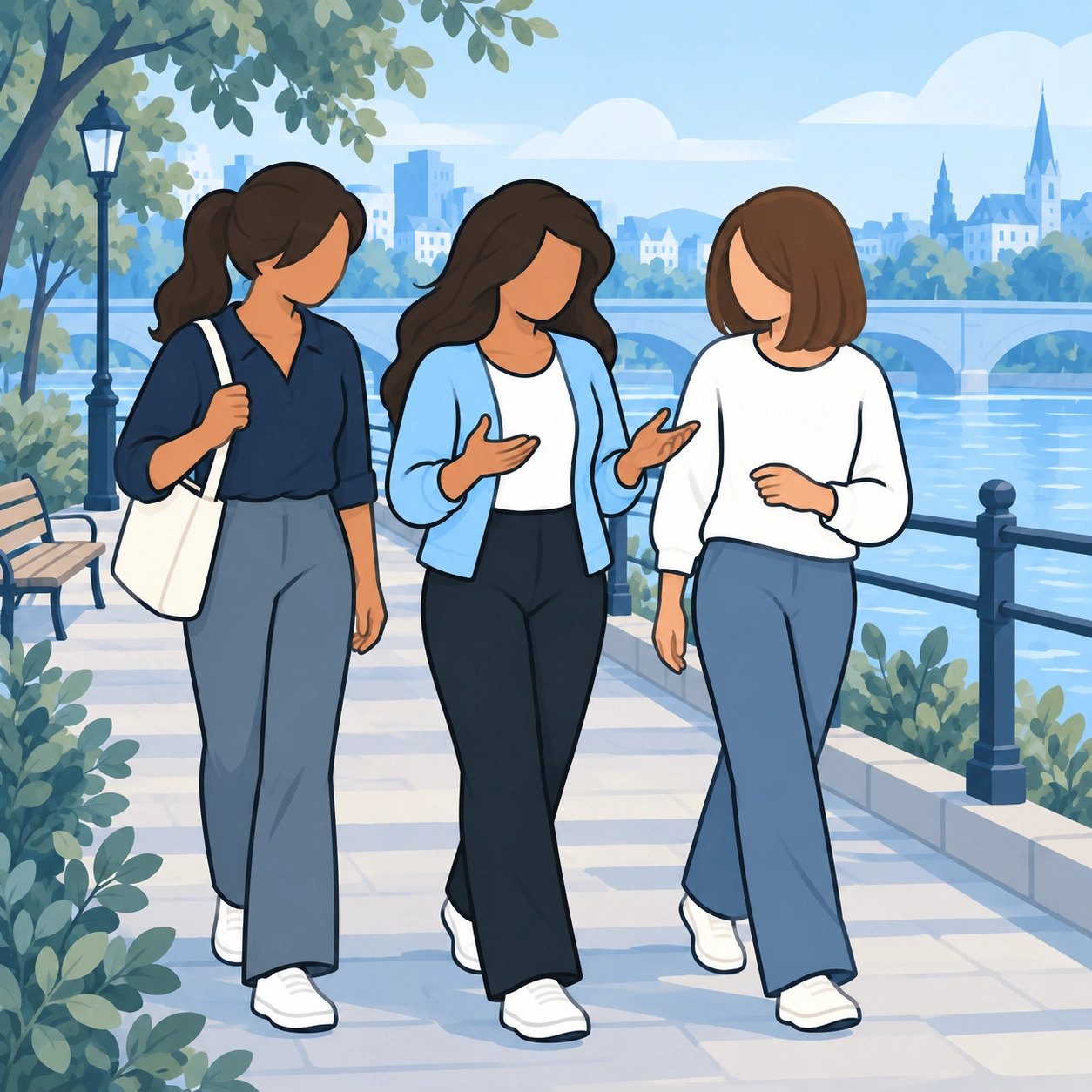 The three friends enjoy a walk beside the river.