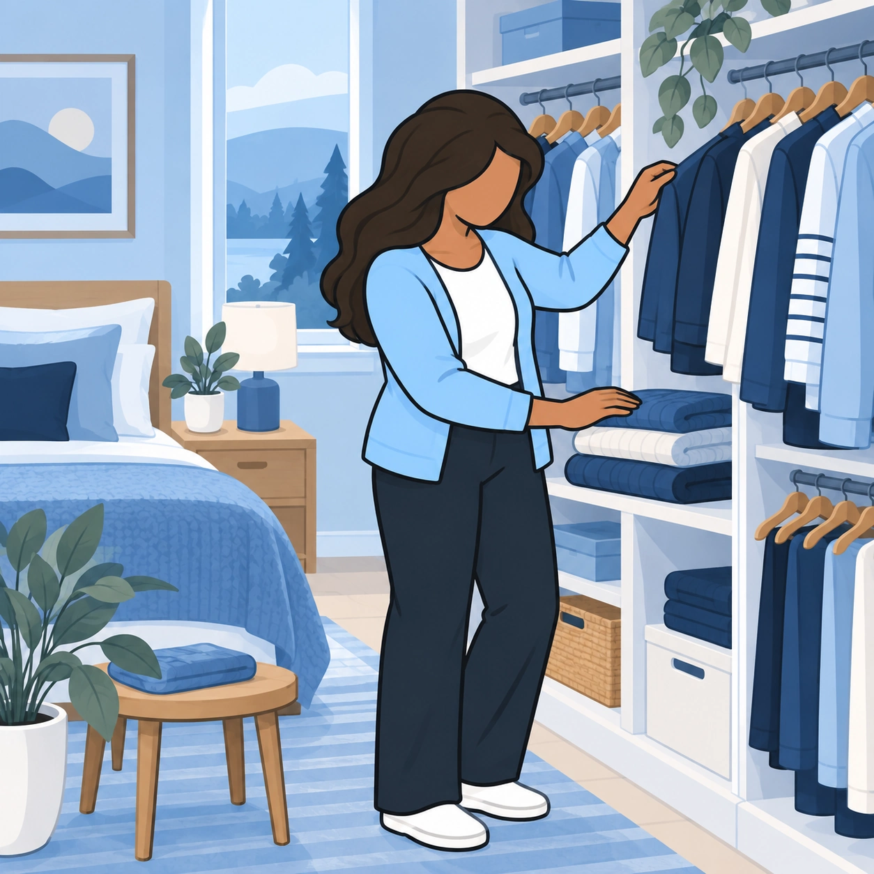 She looks through the useful clothes already in her wardrobe.