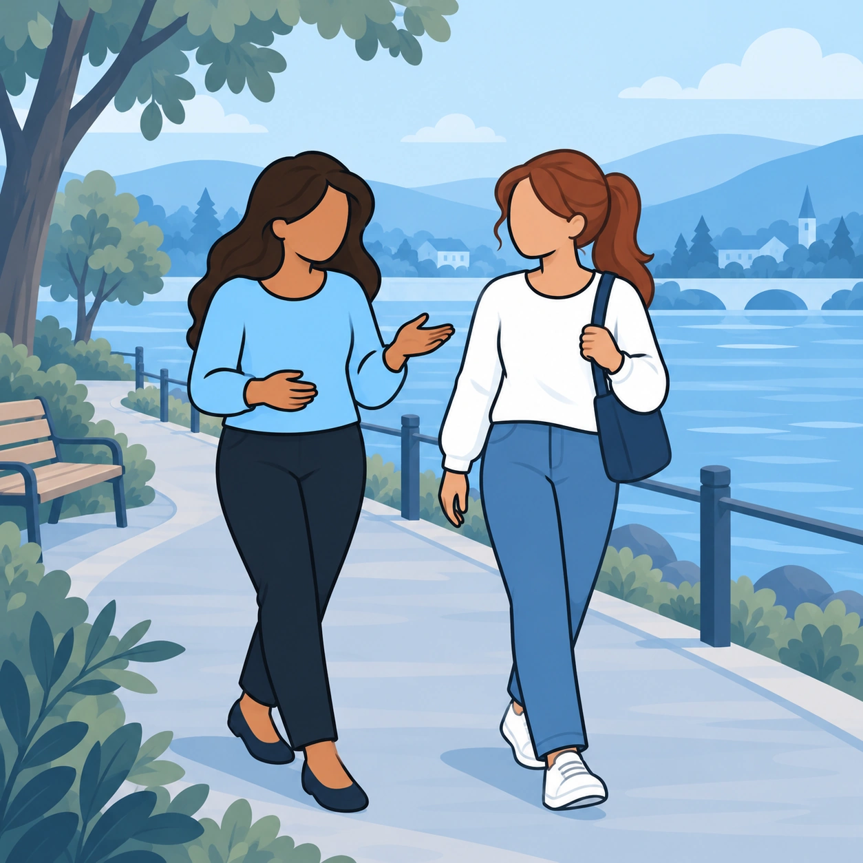 The woman shares a relaxed riverside walk with a ponytailed friend.