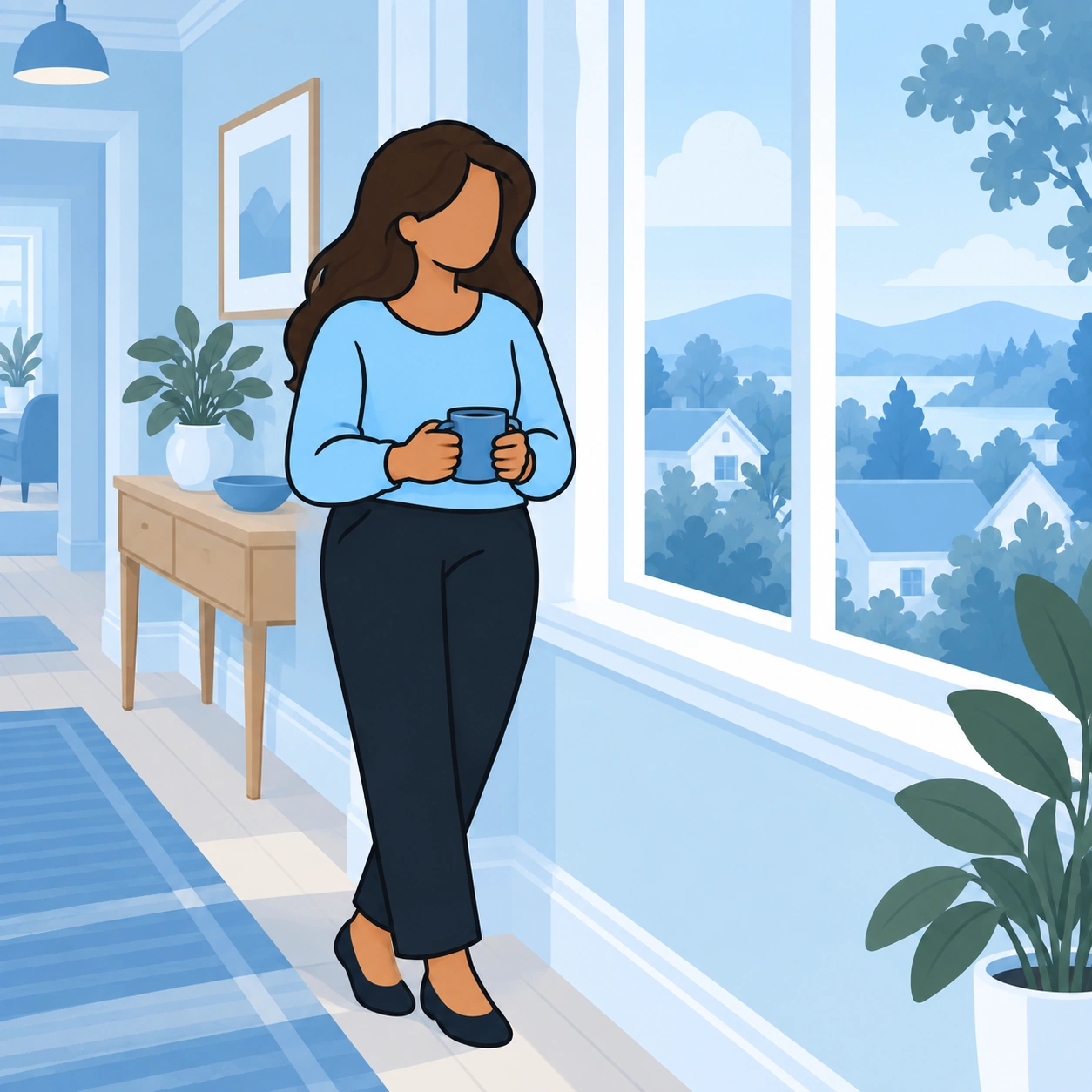 The woman reflects beside a hallway window with a blue mug in her hands.