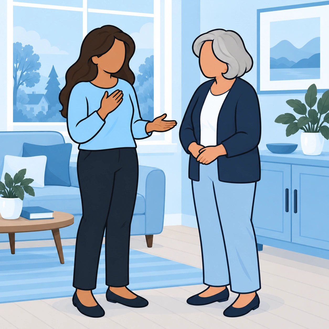 The woman calmly sets a boundary while speaking with her older aunt.