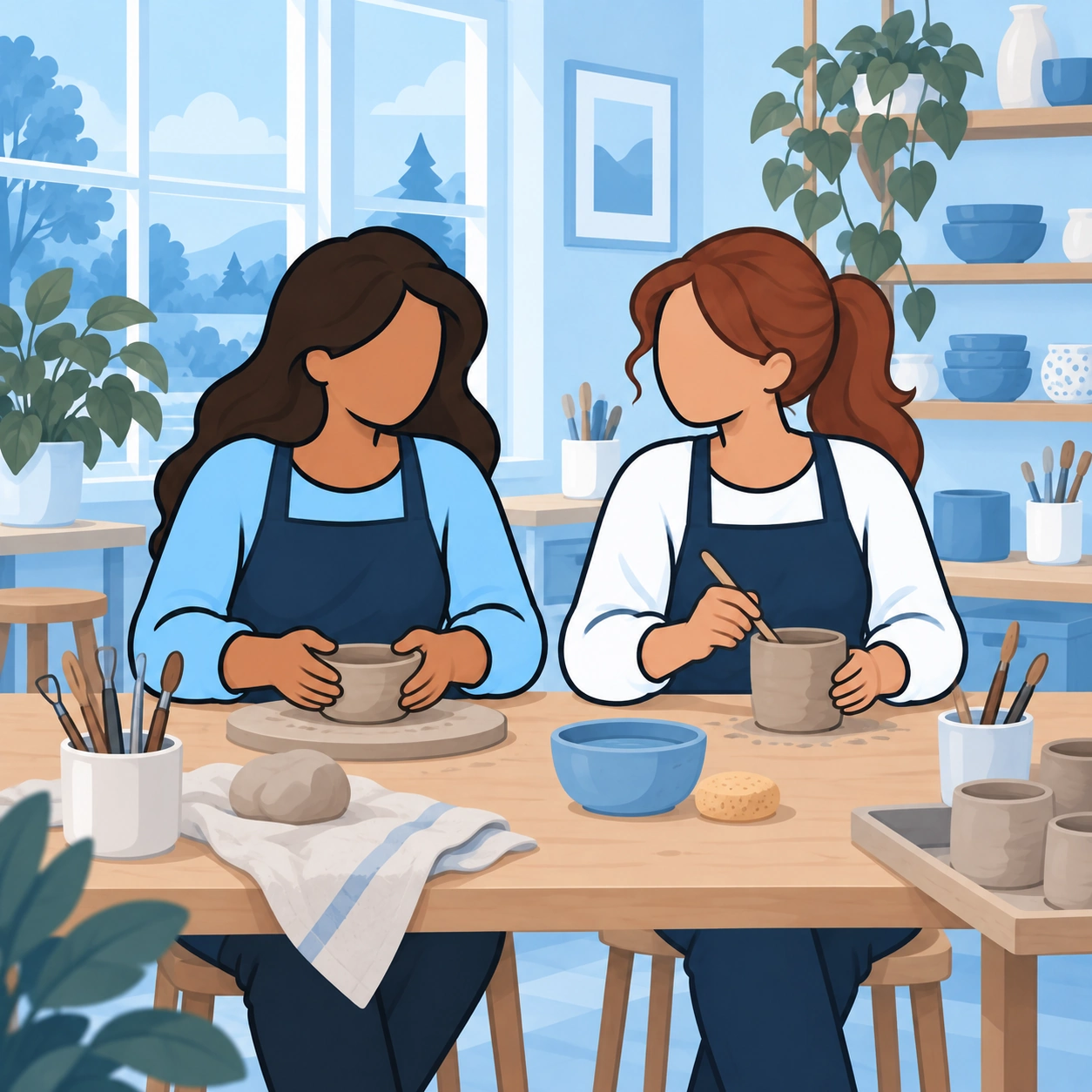 The woman and her friend shape pottery together at a community studio.