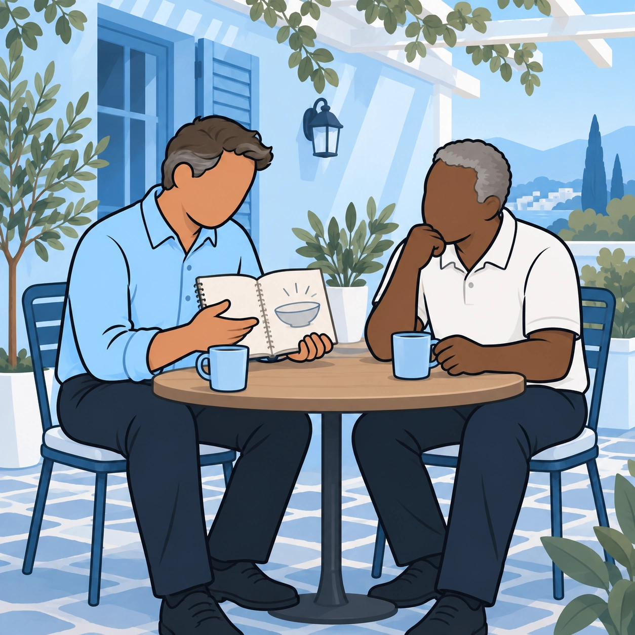 The man talks with an older friend about an interest he once set aside.