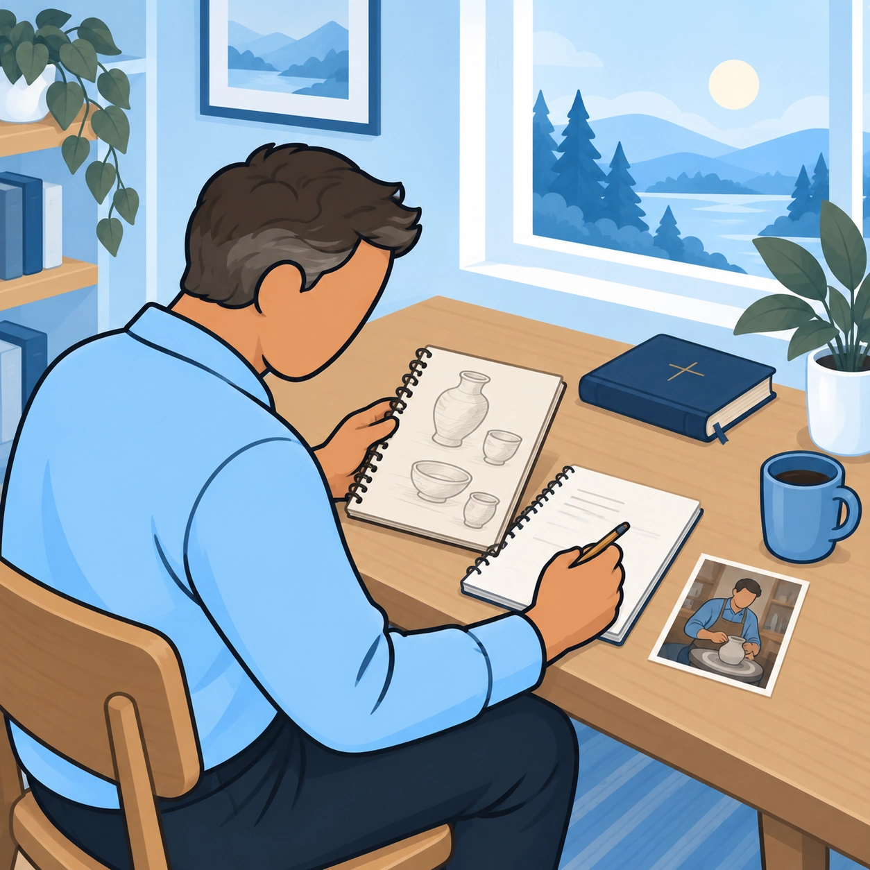 The man compares an old pottery notebook with a fresh notebook and plans one small step.