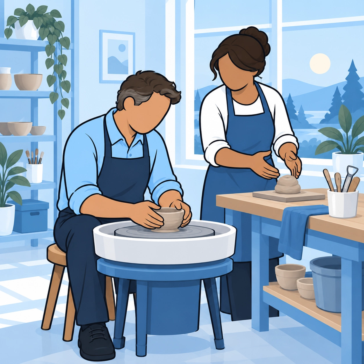 The man returns to pottery and practices shaping a small bowl with an instructor nearby.