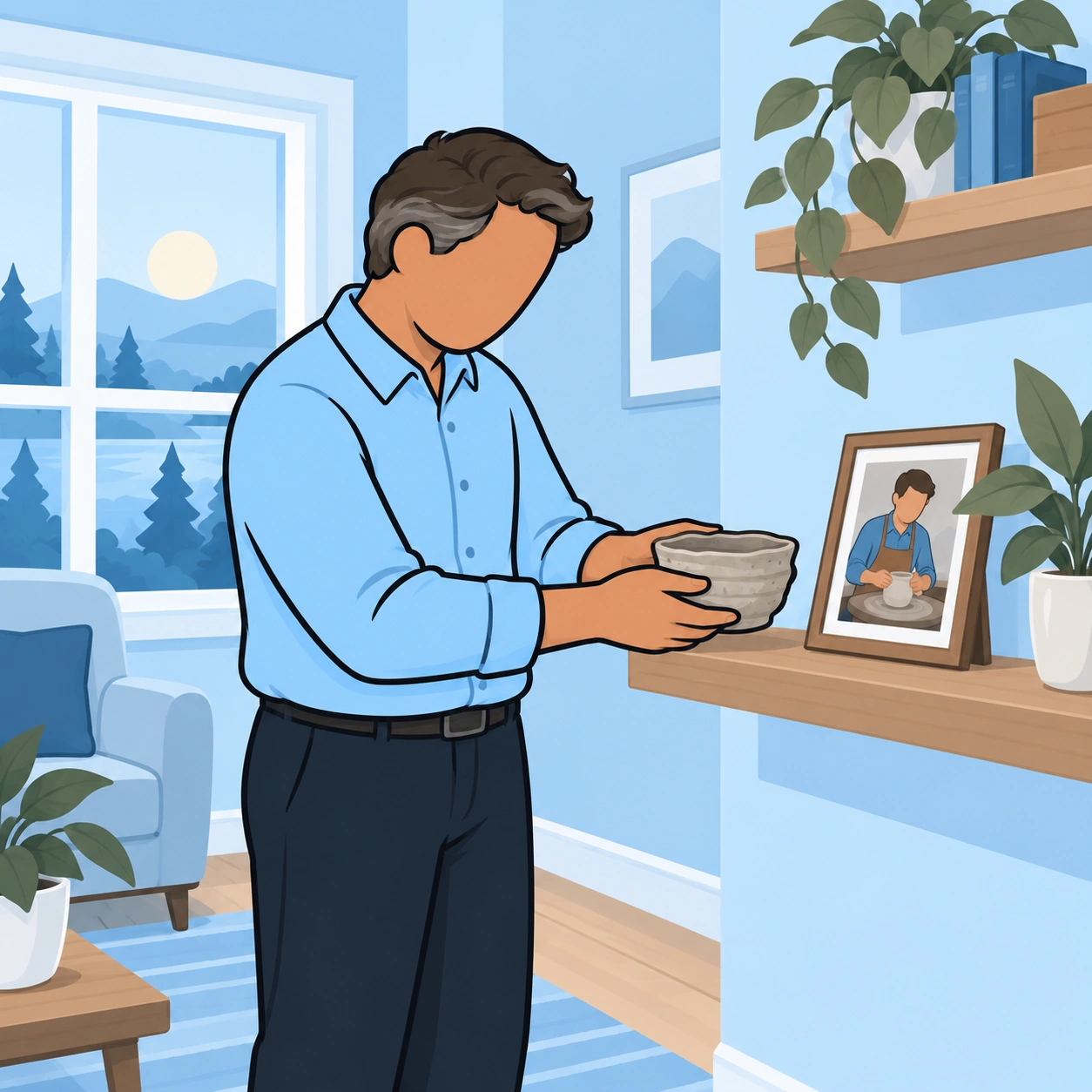 The man places his handmade bowl beside an old photograph, giving the present a meaningful place.