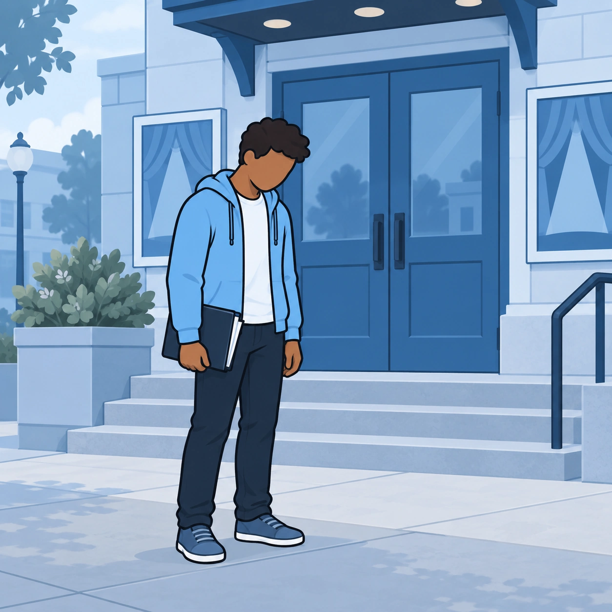 A man holds an audition folder outside a theater, his shoulders lowered in disappointment.