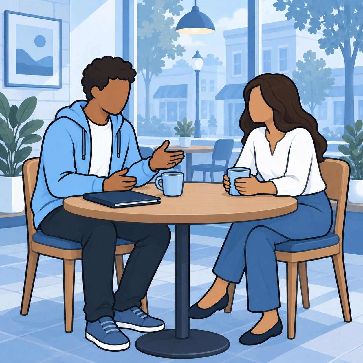 The man speaks with a friend at a cafe.