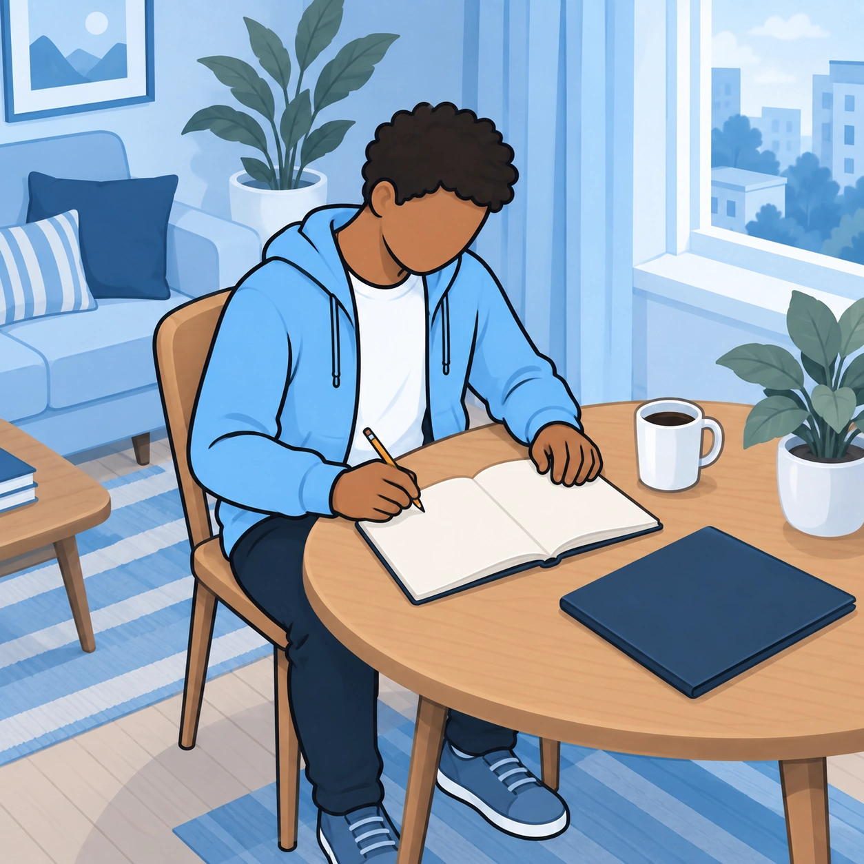 The man begins working with a folder and notebook at home.