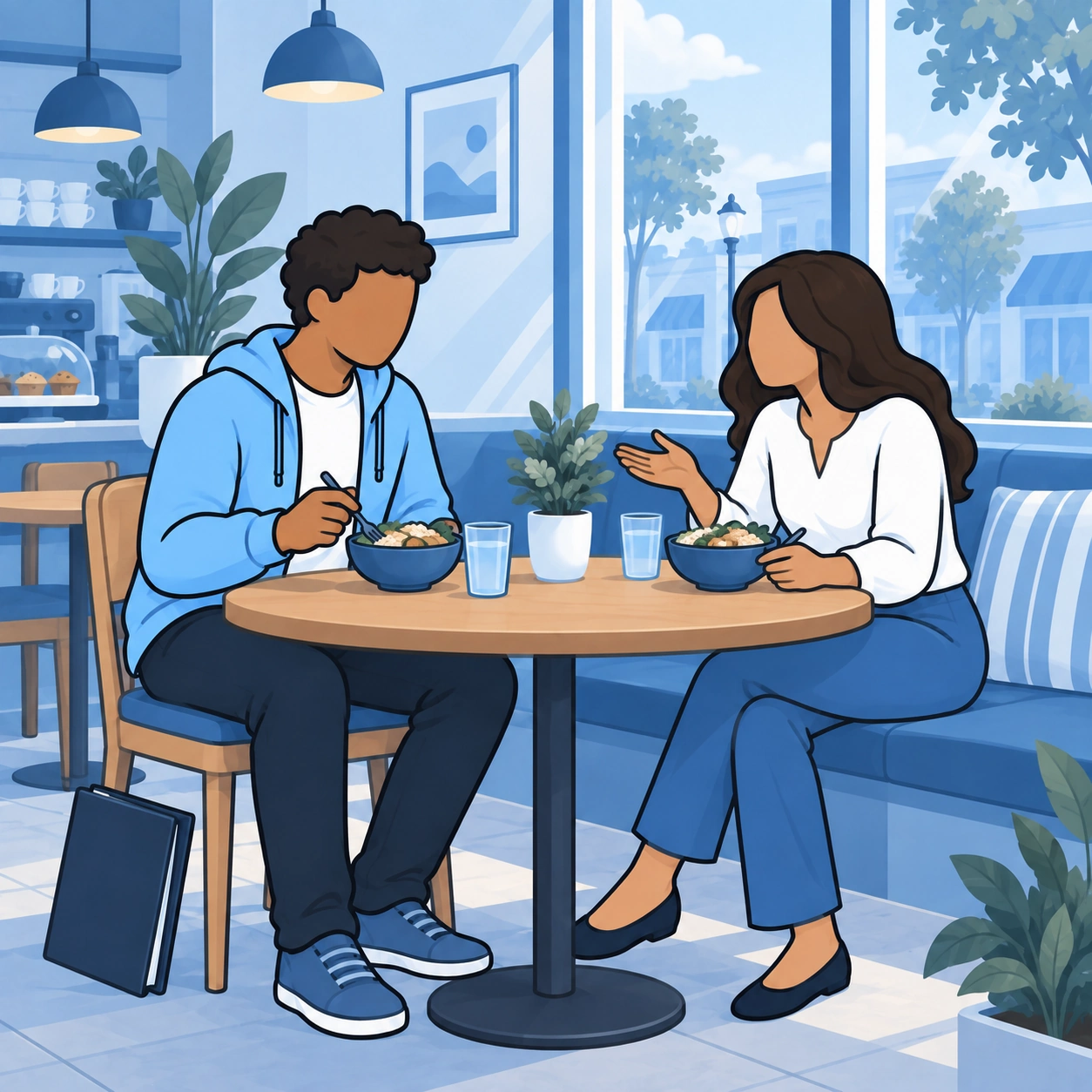 The man and his friend share food at the cafe.
