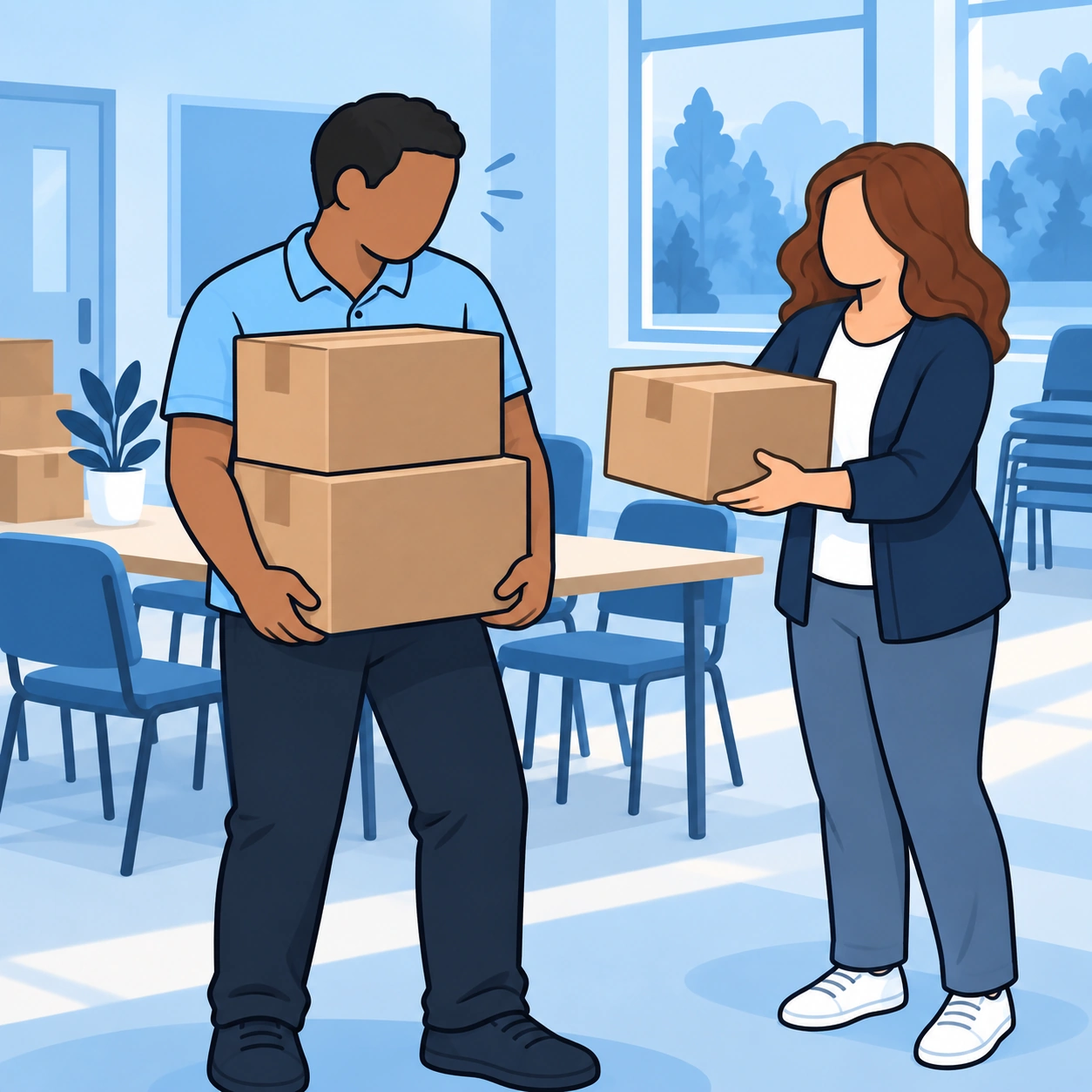 A man holds a stack of boxes as a woman offers another.