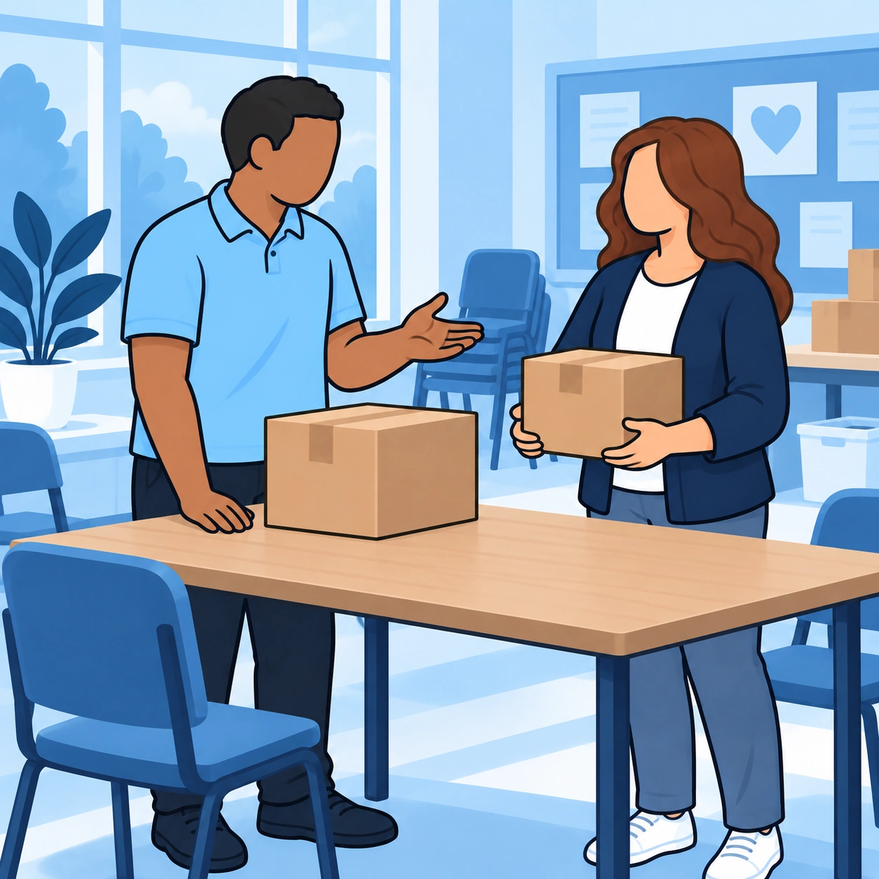 He gestures while discussing a box with a volunteer.