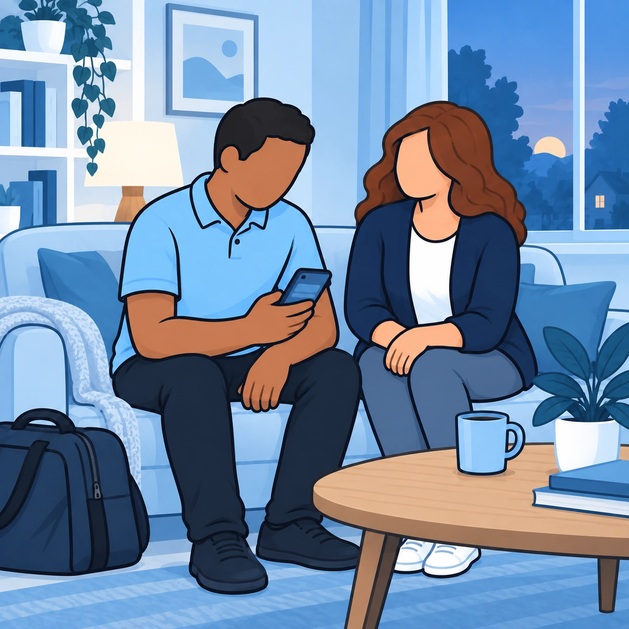 He looks anxiously at his phone beside a packed bag while a woman offers support.