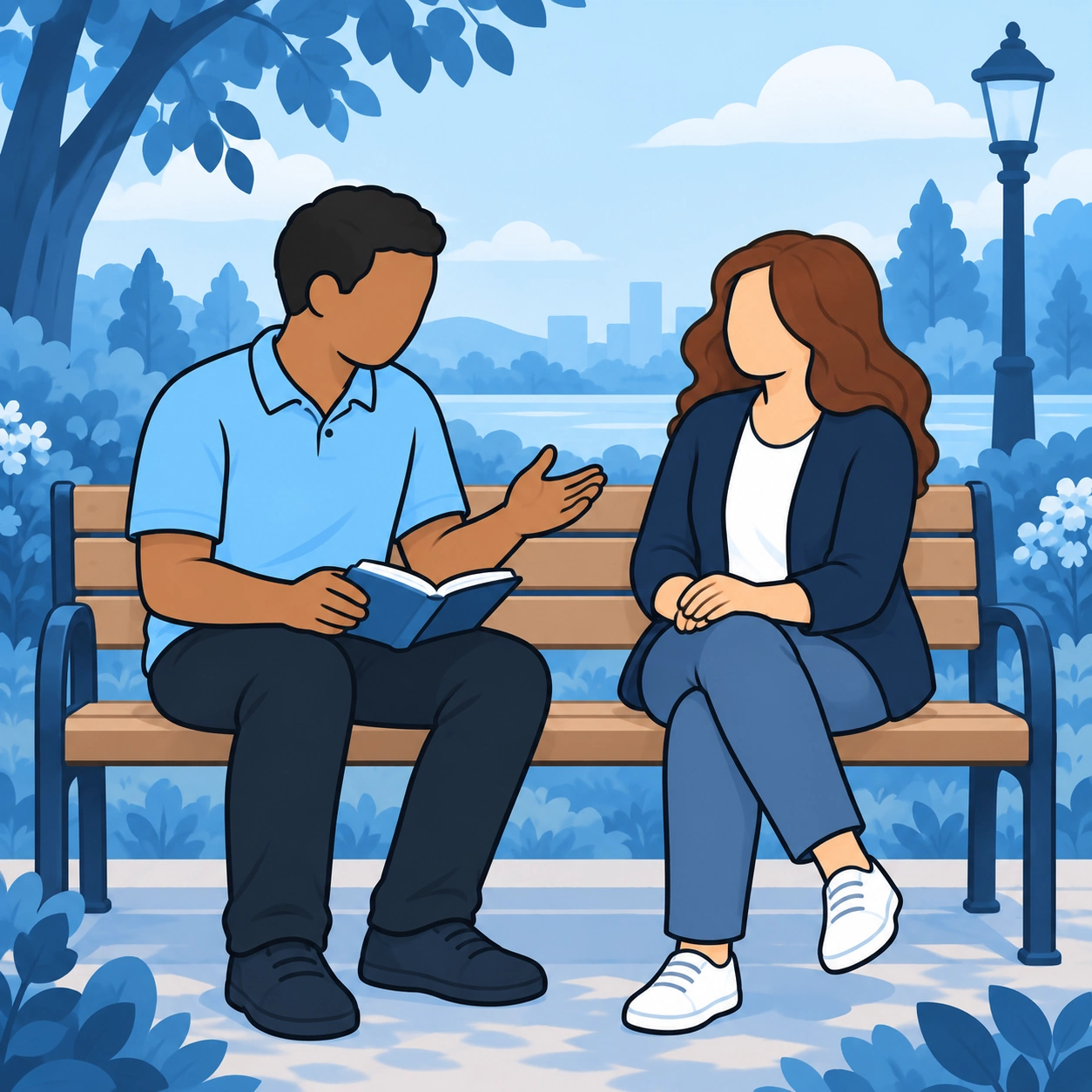 He talks through a concern on a park bench with a notebook on his lap.