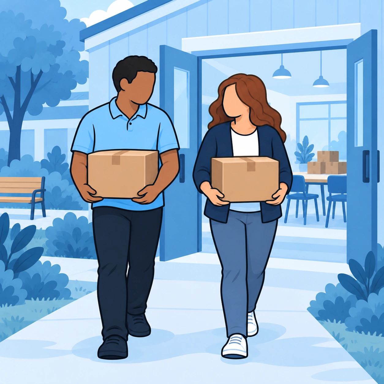 He and the woman each carry a manageable stack of boxes.