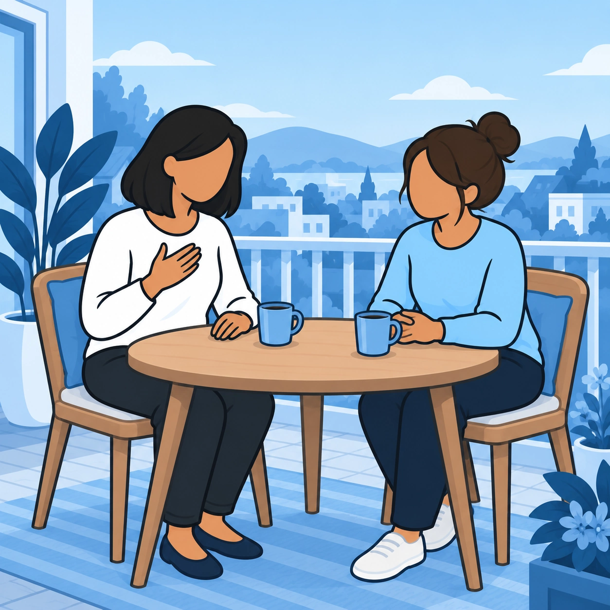 Two roommates talk calmly at a balcony table.