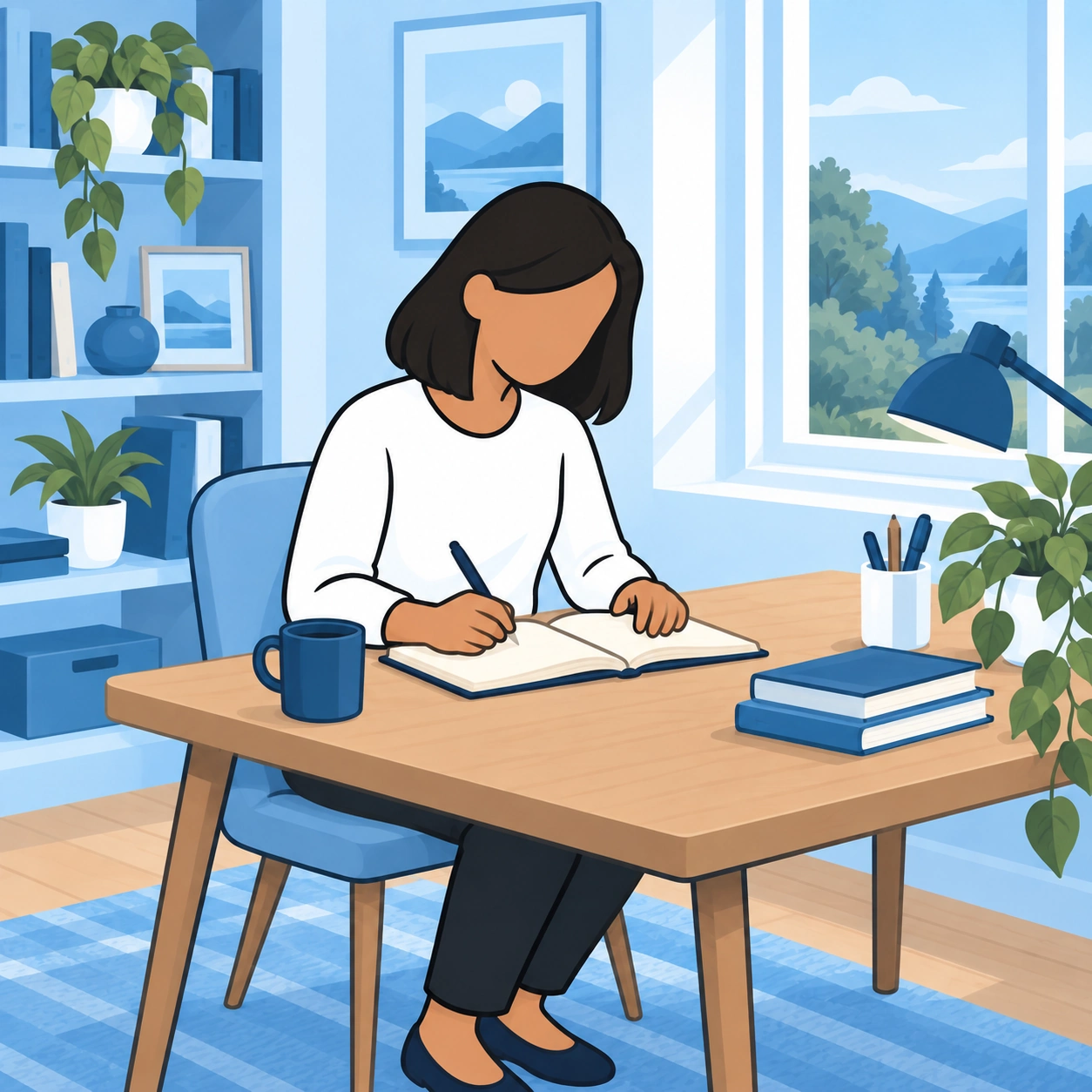A woman prepares her thoughts in a notebook at her desk.