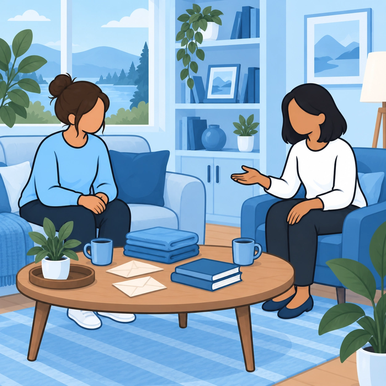 A woman discusses a practical concern with her roommate beside the coffee table.
