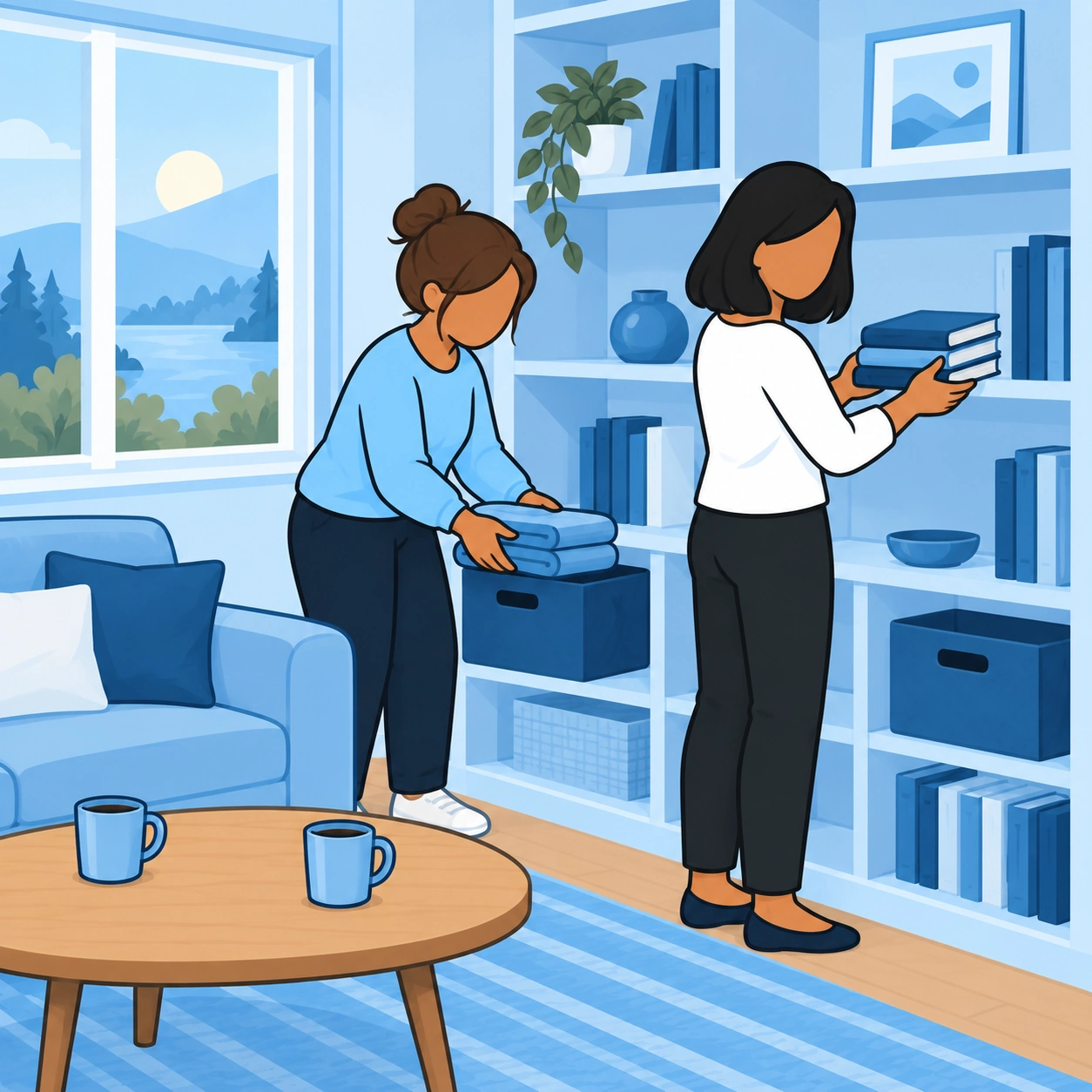 Two roommates organize books and towels on shared shelves.
